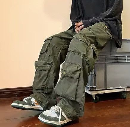 Japanese Brand Olive Green Baggy Cargo Pants - Y2K Skate Streetwear Size US 31 - 10 Thumbnail