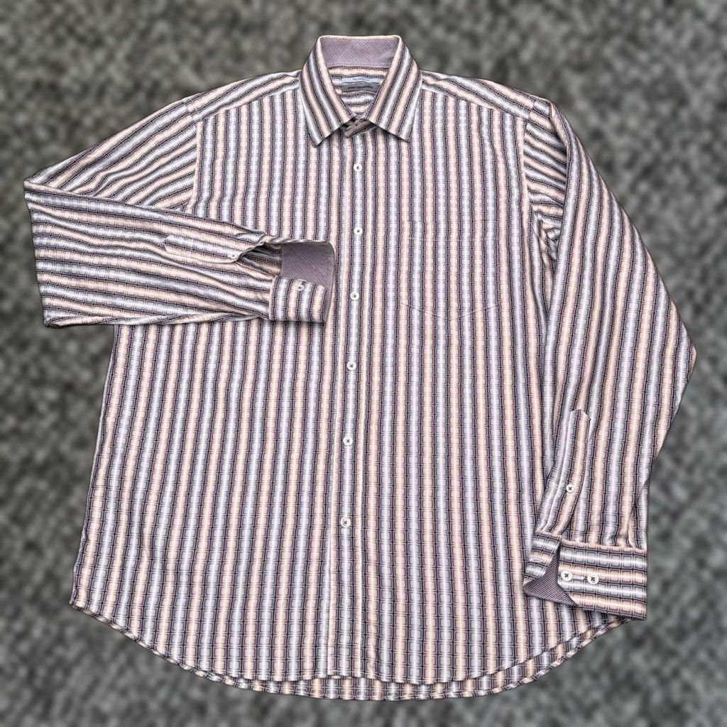 Johnston & Murphy Johnston & Murphy Shirt Mens Large Tan Geometric Button Up Slim Fit Long Sleeve Brown cotton Button-Up Size US L / EU 52-54 / 3 - 1 Thumbnail