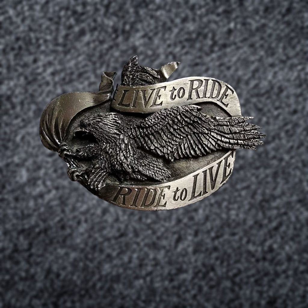 Vintage VINTAGE Bergamot Brass Works American Eagle Live to Ride Biker Belt Buckle 1980s Silver Mens Size ONE SIZE - 1 Thumbnail