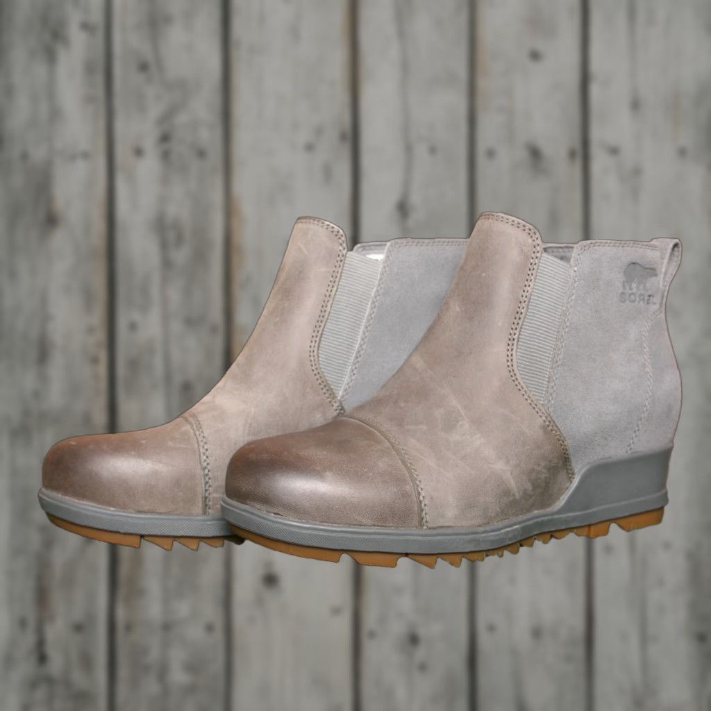 SOREL SOREL Evie Gray Leather & Suede Pull-On Wedge Heel Ankle Booties Women's Sz. 6 Bootie Shoes Size US 4 / IT 34 - 1 Thumbnail