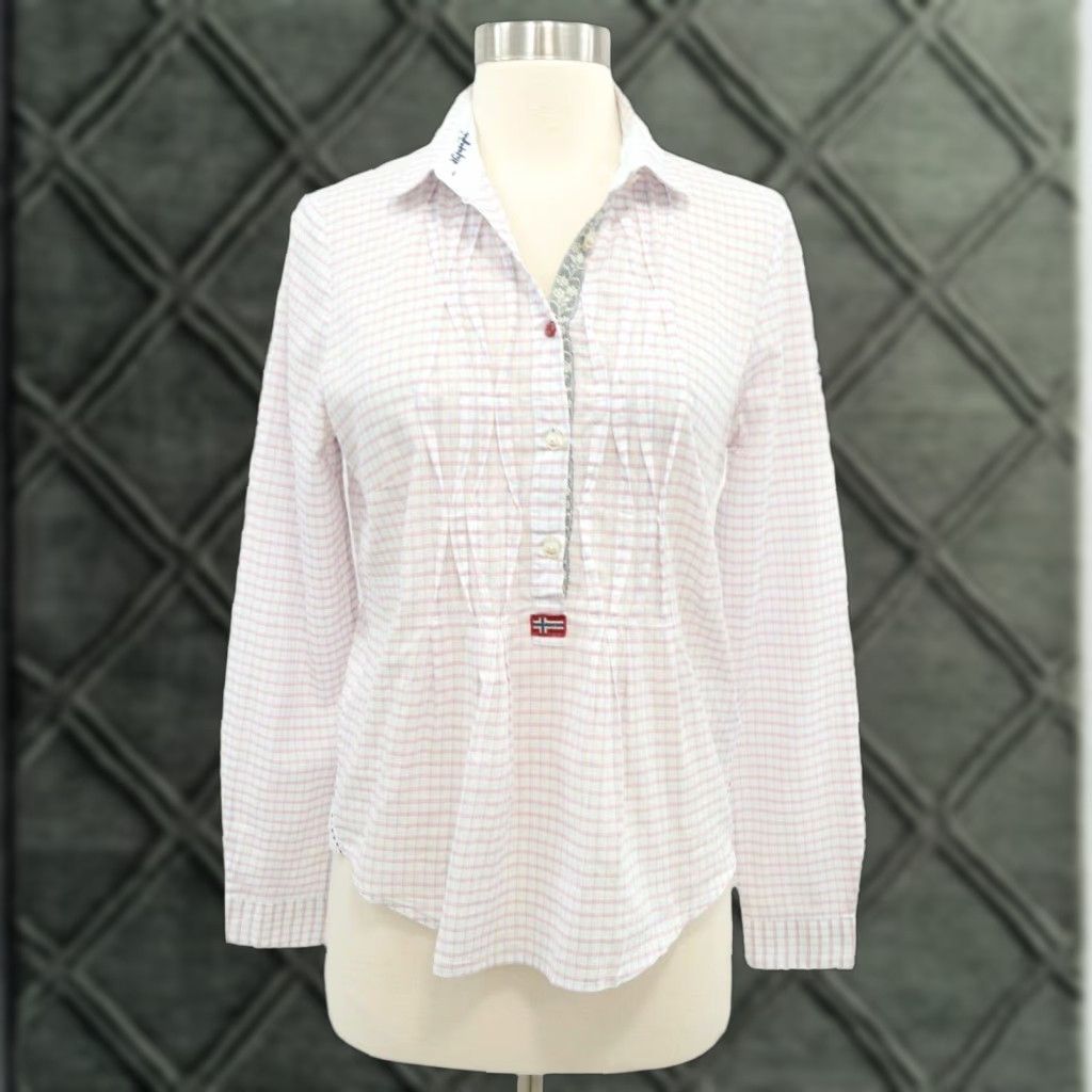 Napapijri Button-Up Shirt Womens S Small Plaid White Pink Cotton Pleated Blouse