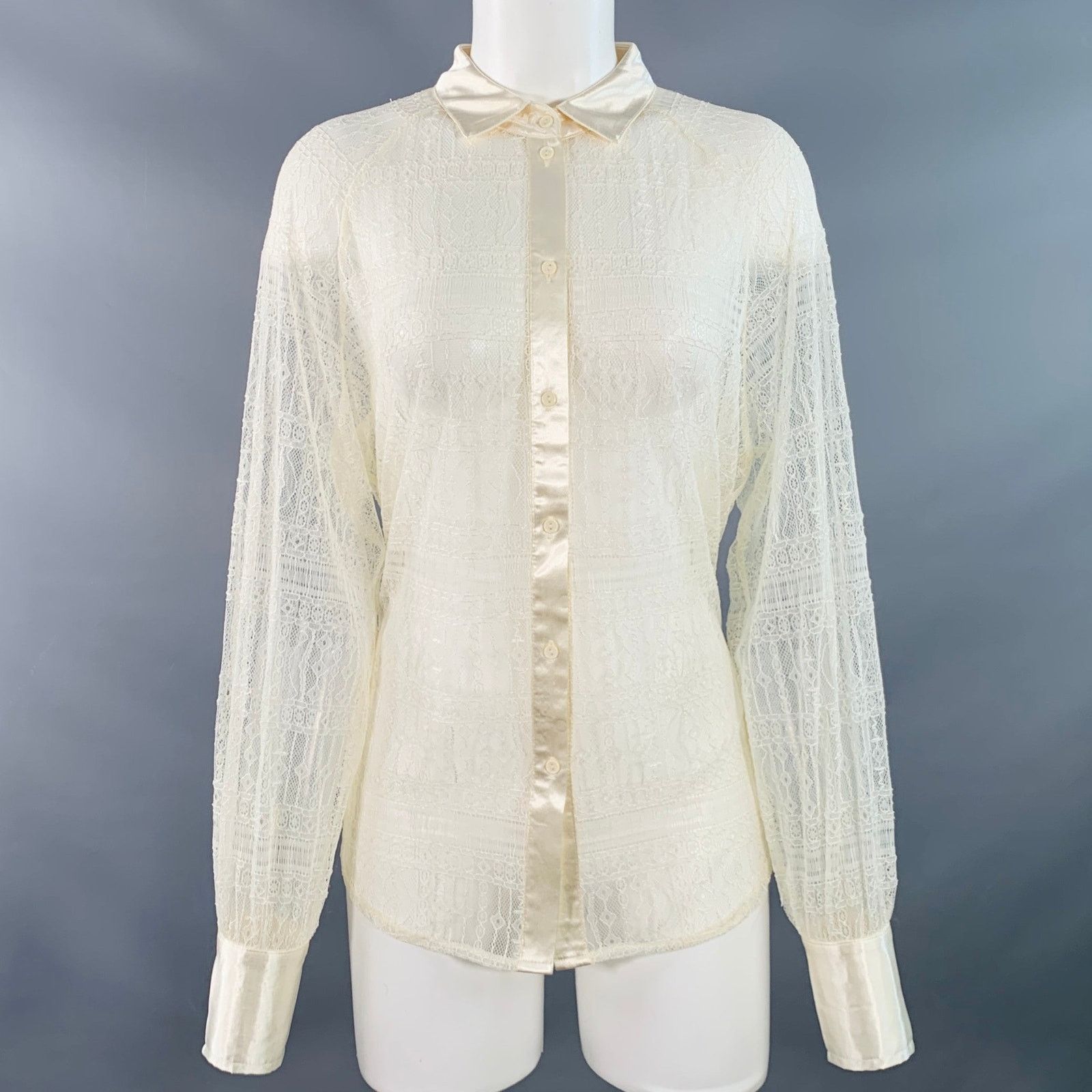 S Beige Polyester Lace Raglan Sleeve Button Up Shirt