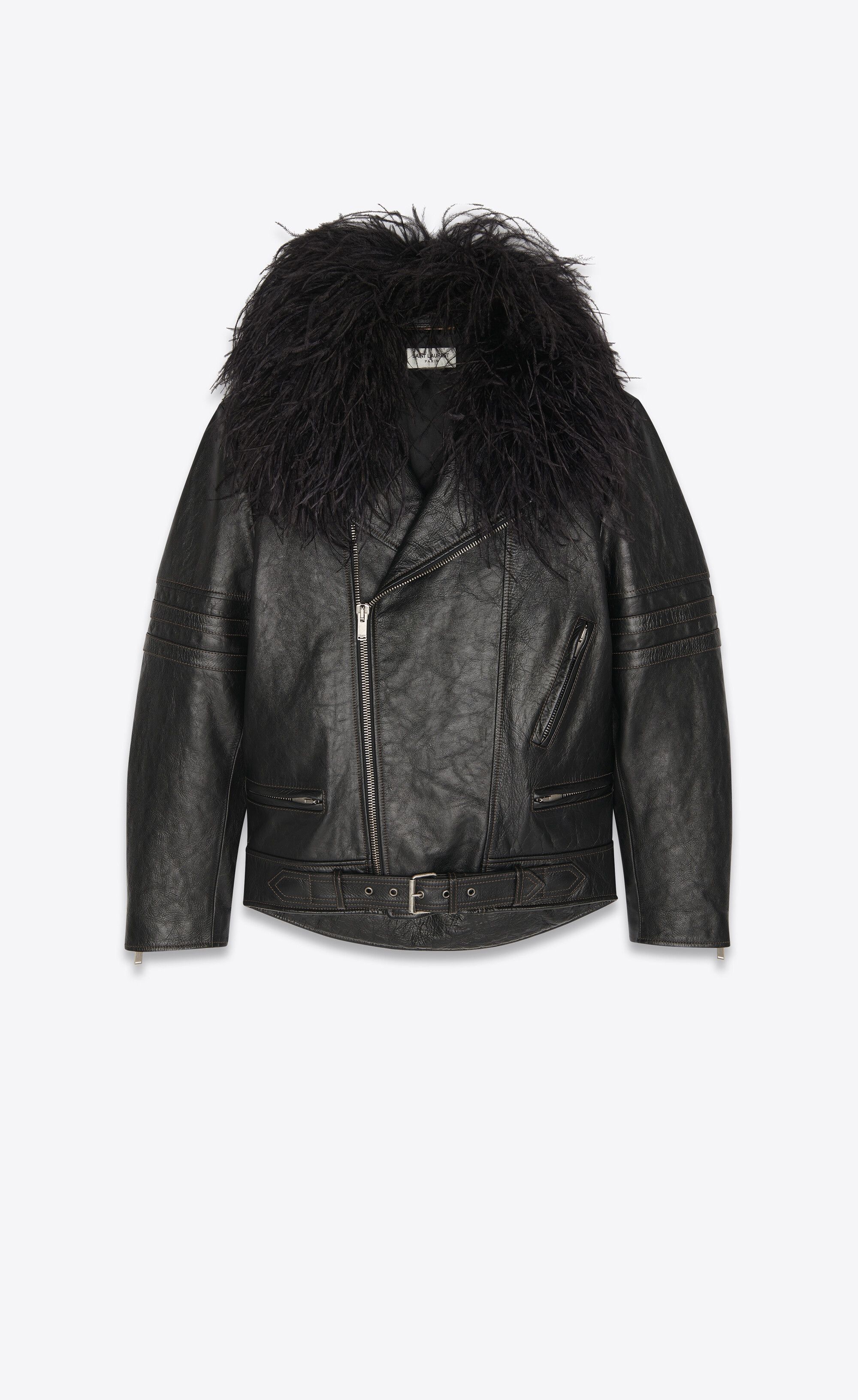 Saint Laurent Paris o1bcso1str1224 Biker Jacket in Leather And Feather in Black Size L / US 10 / IT 46 - 1 Thumbnail