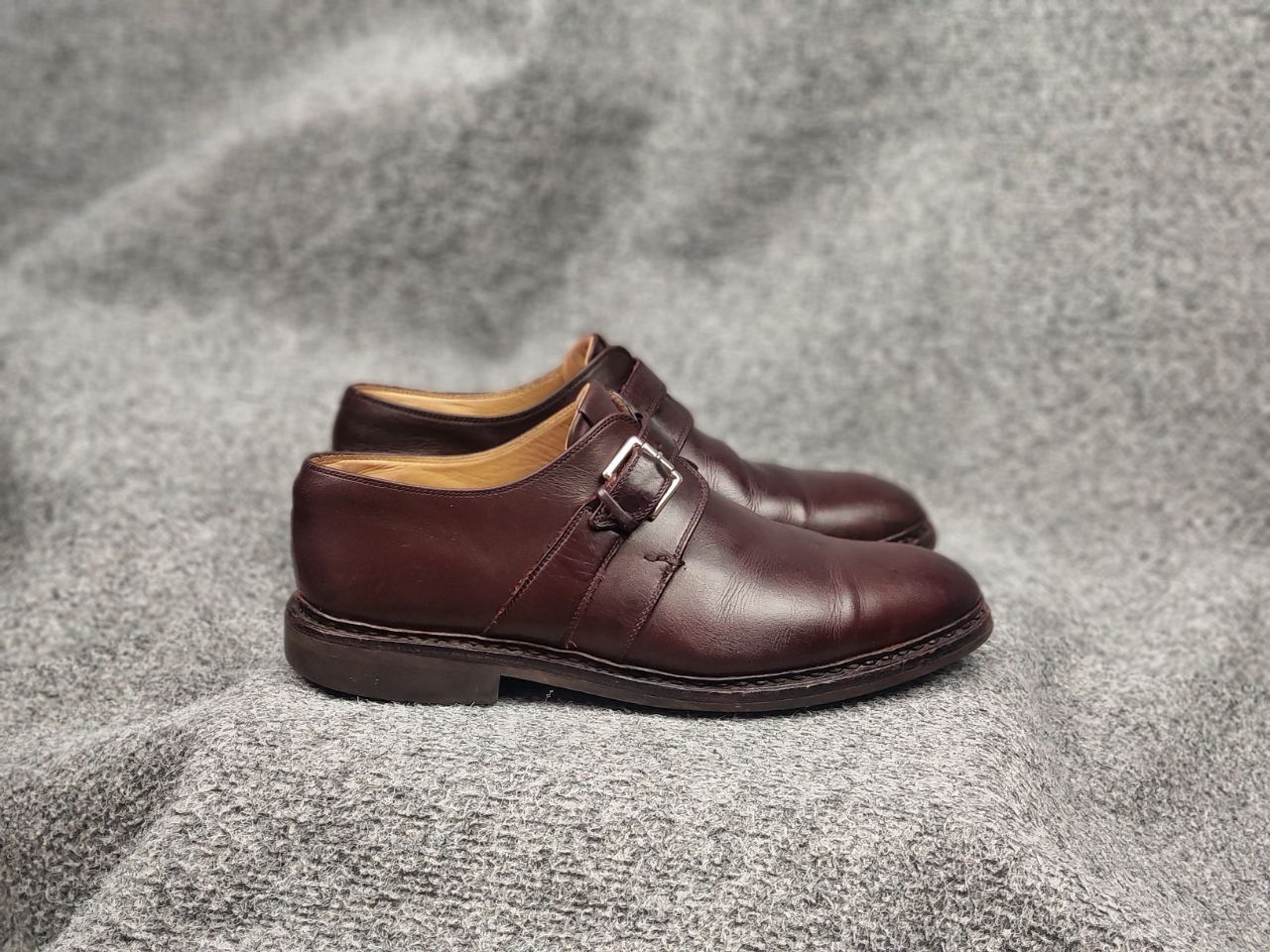 image of Heschung Heschuhd Design Bouleau Single Monk Strap Toe Derby Shoes in Brown Burgundy (Size 8.5)