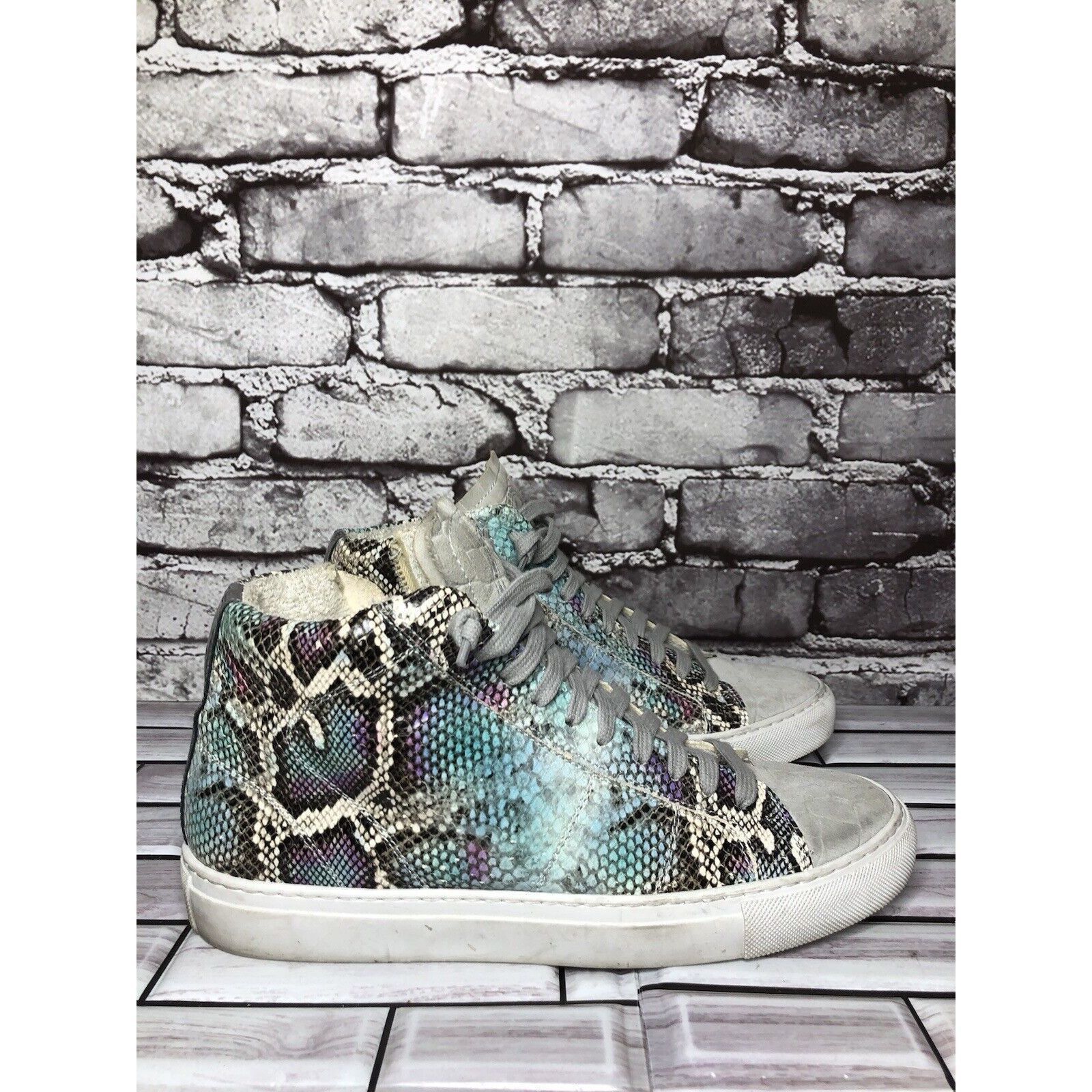 P448 P448 Blue Leather Snake Lace Up Casual Side Zip High Top Sne Size US 8.5 / IT 38.5 - 12 Thumbnail