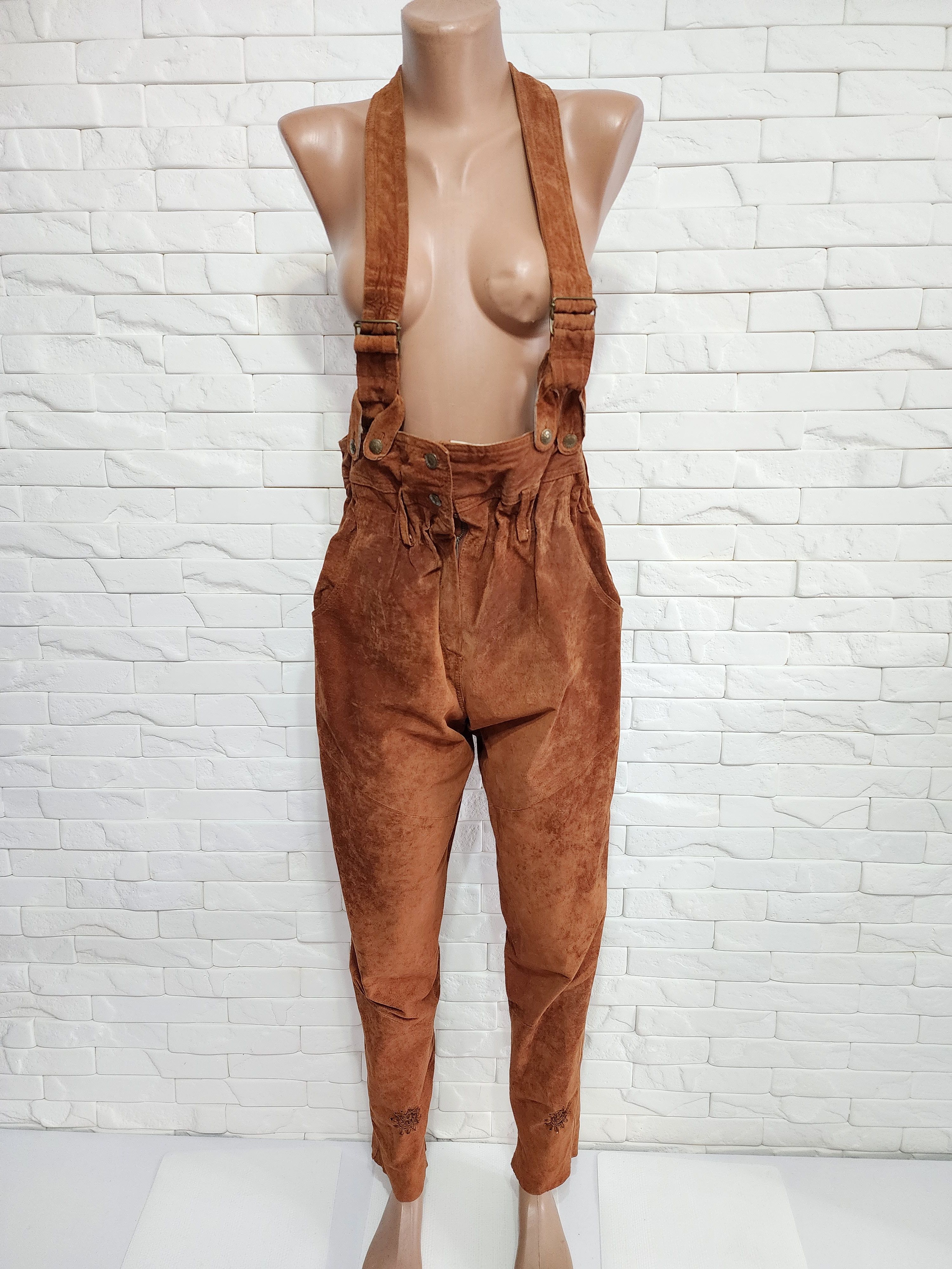 Genuine Leather Brown women's pants with pockets and suspenders. Size 34" / US 12 / IT 48 - 1 Thumbnail
