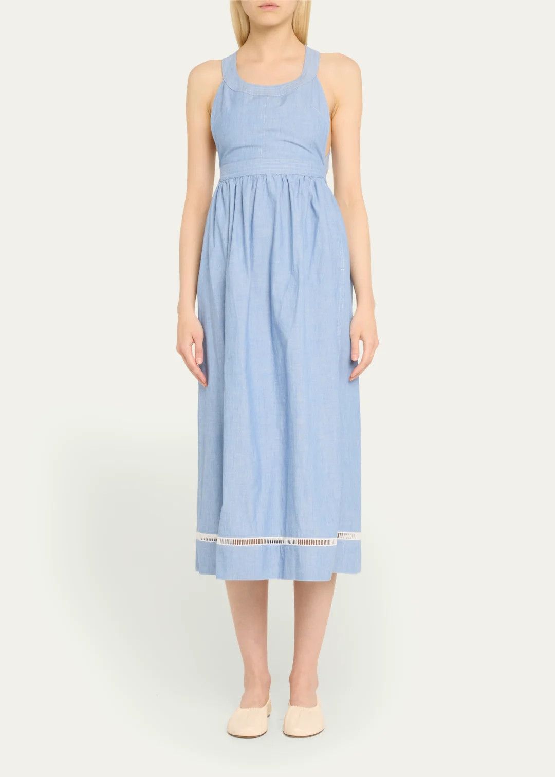 Chloe o1loc1c10425 Chambray Cross-Back Ladder Lace Midi Dress Size S / US 4 / IT 40 - 2 Thumbnail
