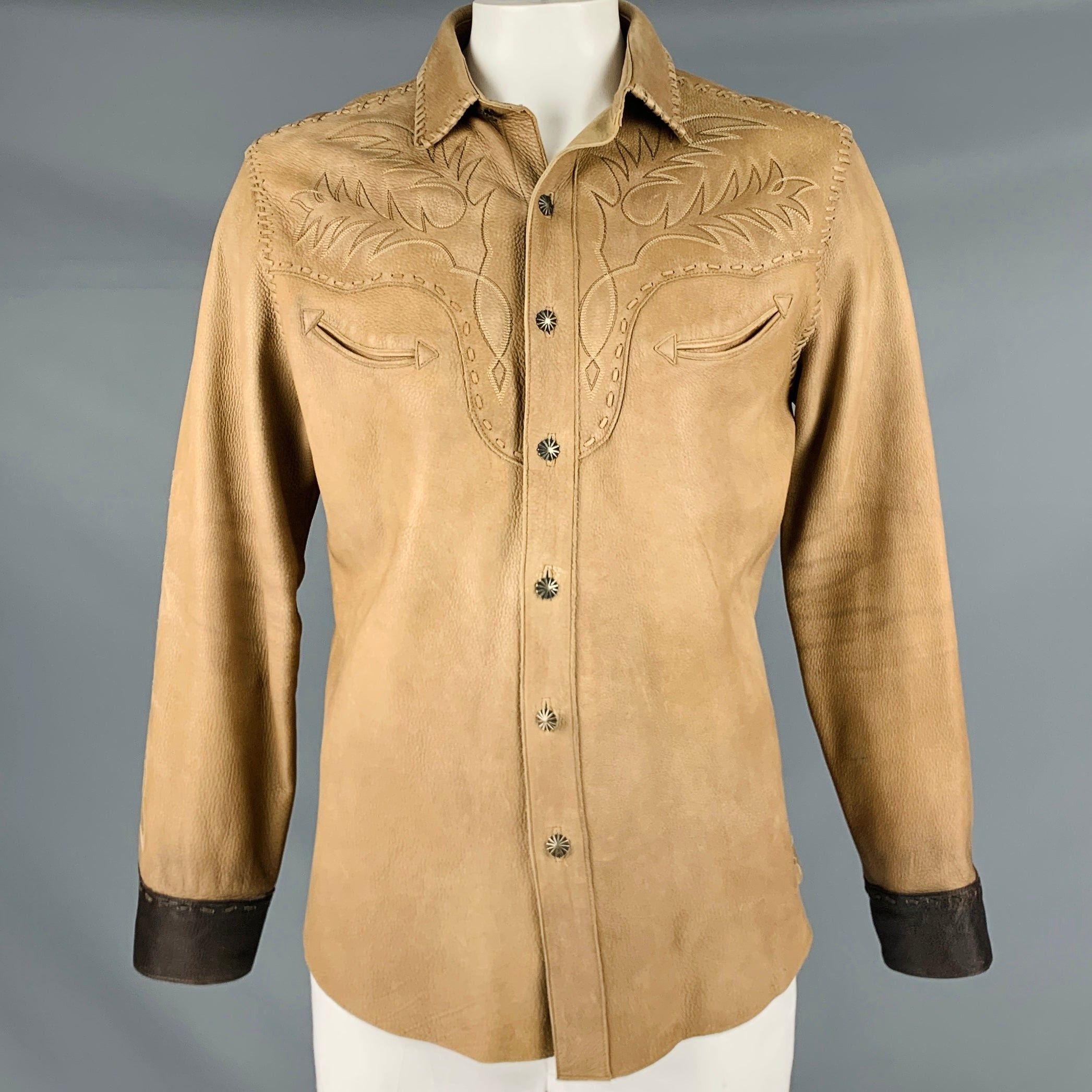 image of Ralph Lauren Tan Brown Embroidery Leather Western Long Sleeve Shirt, Men's (Size Large)