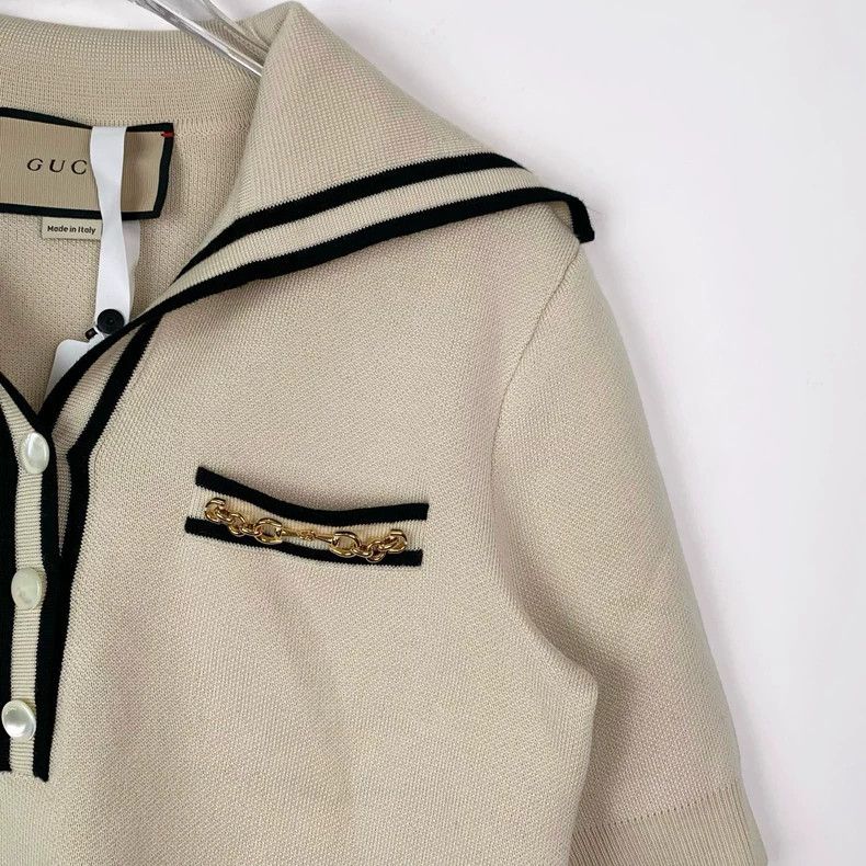 Gucci Gucci Horse buckle striped trim navy collar beige wool swea Size US XS / EU 42 / 0 - 3 Thumbnail