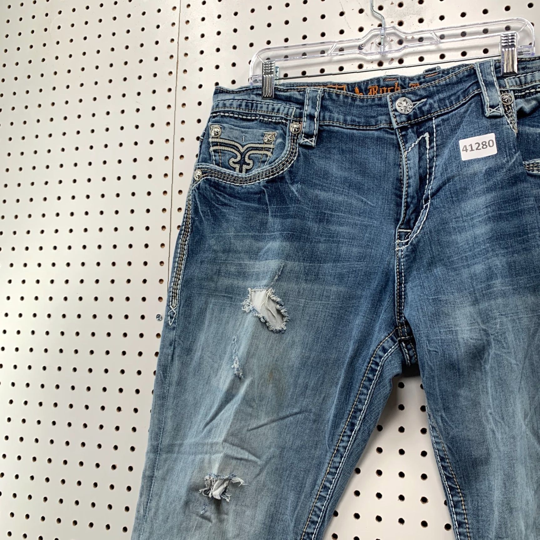 VINTAGE Rock Revival Denim Jeans Mens 42x31 Blue Distressed Straight Y2K Embroidered