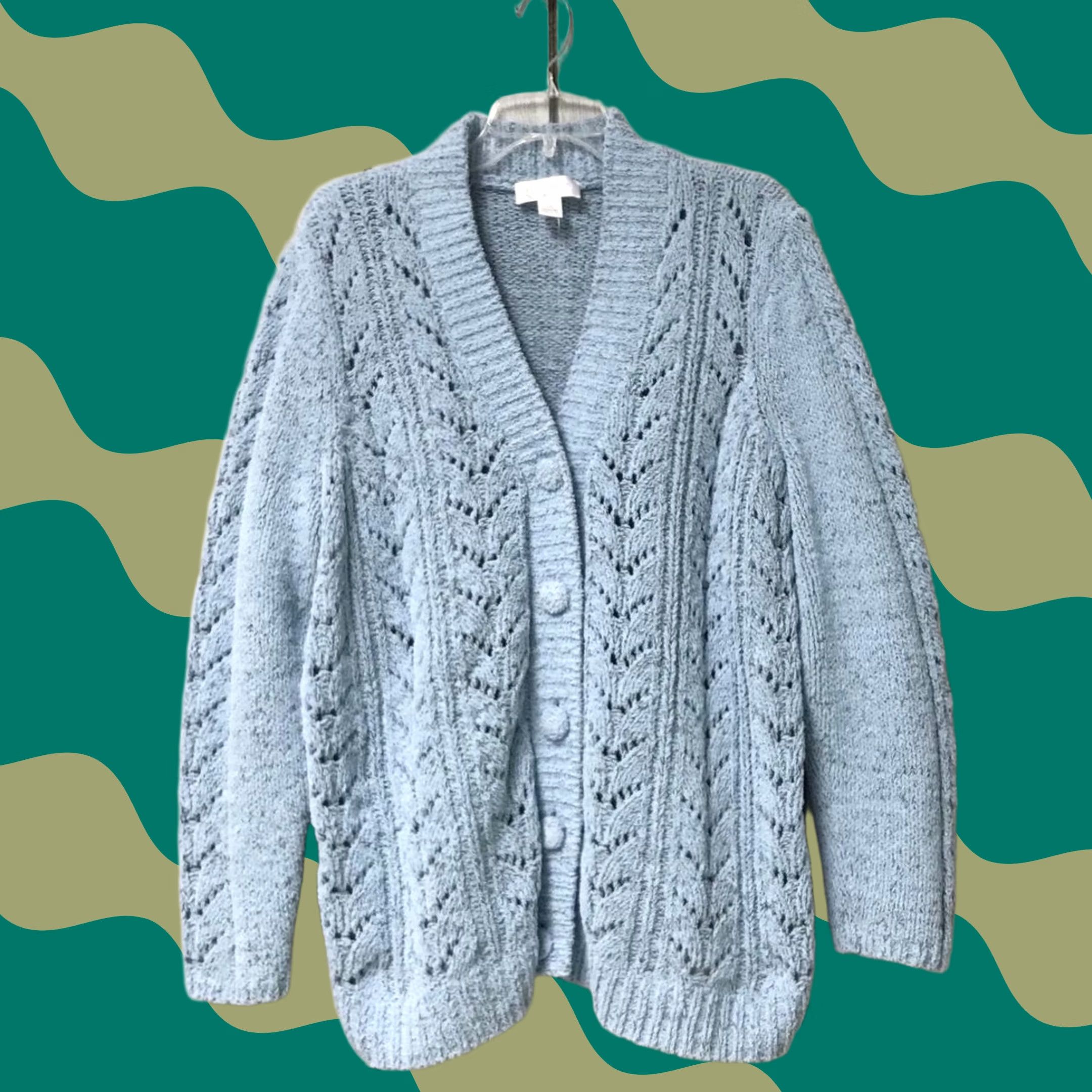 Vintage Christopher & Banks Women Sky Blue Wash Pointelle Button-Up Cardigan Sweater 1X Size XL / US 12-14 / IT 48-50 - 1 Thumbnail