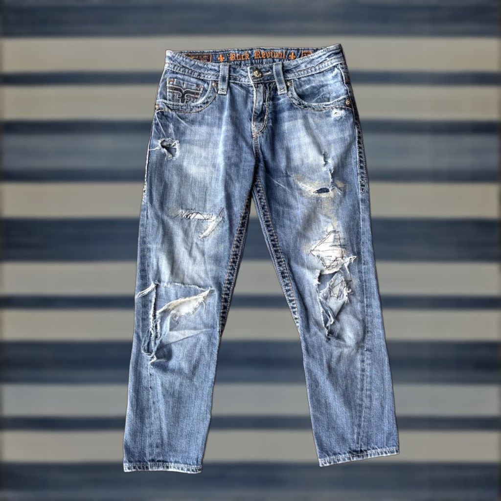 Vintage VINTAGE? (No) Rock Revival Lydia Slim Boyfriend Jeans Women’s 27x24 Distressed Blue Cotton Rock Distressed Jeans Womens 27 Rock Theme 90s? Not needed. Size 27" / US 4 / IT 40 - 1 Thumbnail