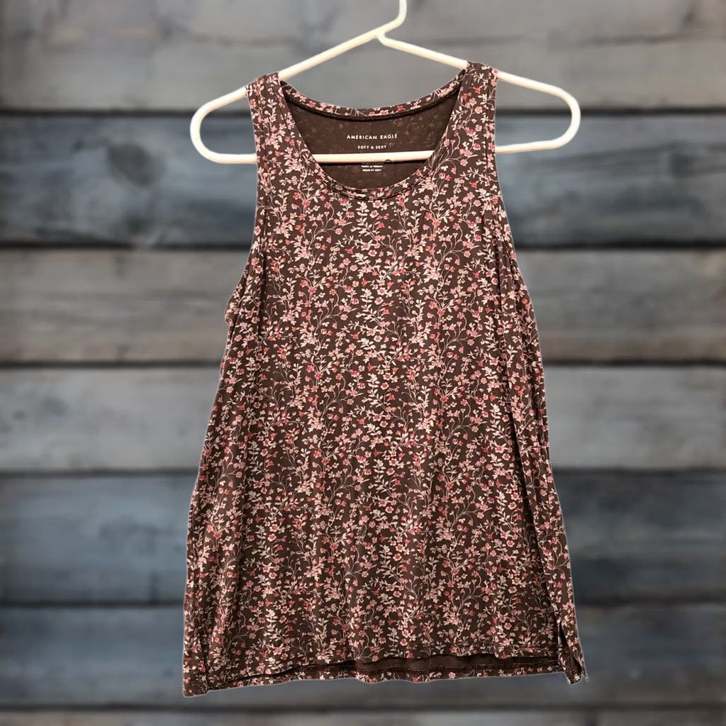 American Eagle Outfitters American Eagle Tank Top Womens S Brown Floral Round Neck Jersey Size S / US 4 / IT 40 - 1 Thumbnail