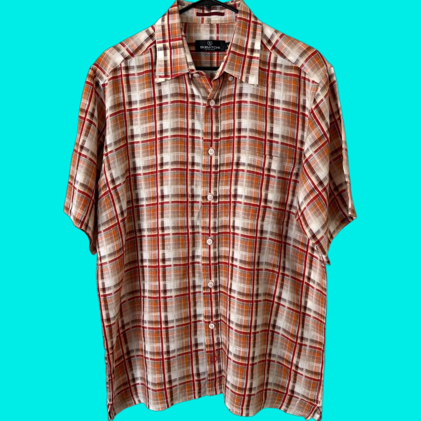 BUGATCHI VINTAGE Bugatchi Plaid Linen Shirt Orange Adult Large Short Sleeve Button-Up Mens Size US L / EU 52-54 / 3 - 1 Thumbnail