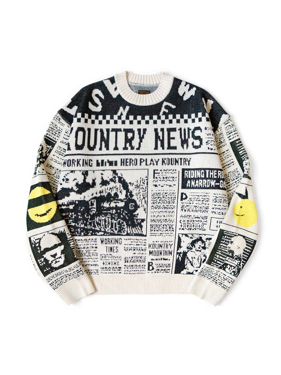 image of Kapital 8G Kountry News Newspaper Print Crew Sweater in White, Men's (Size Small)