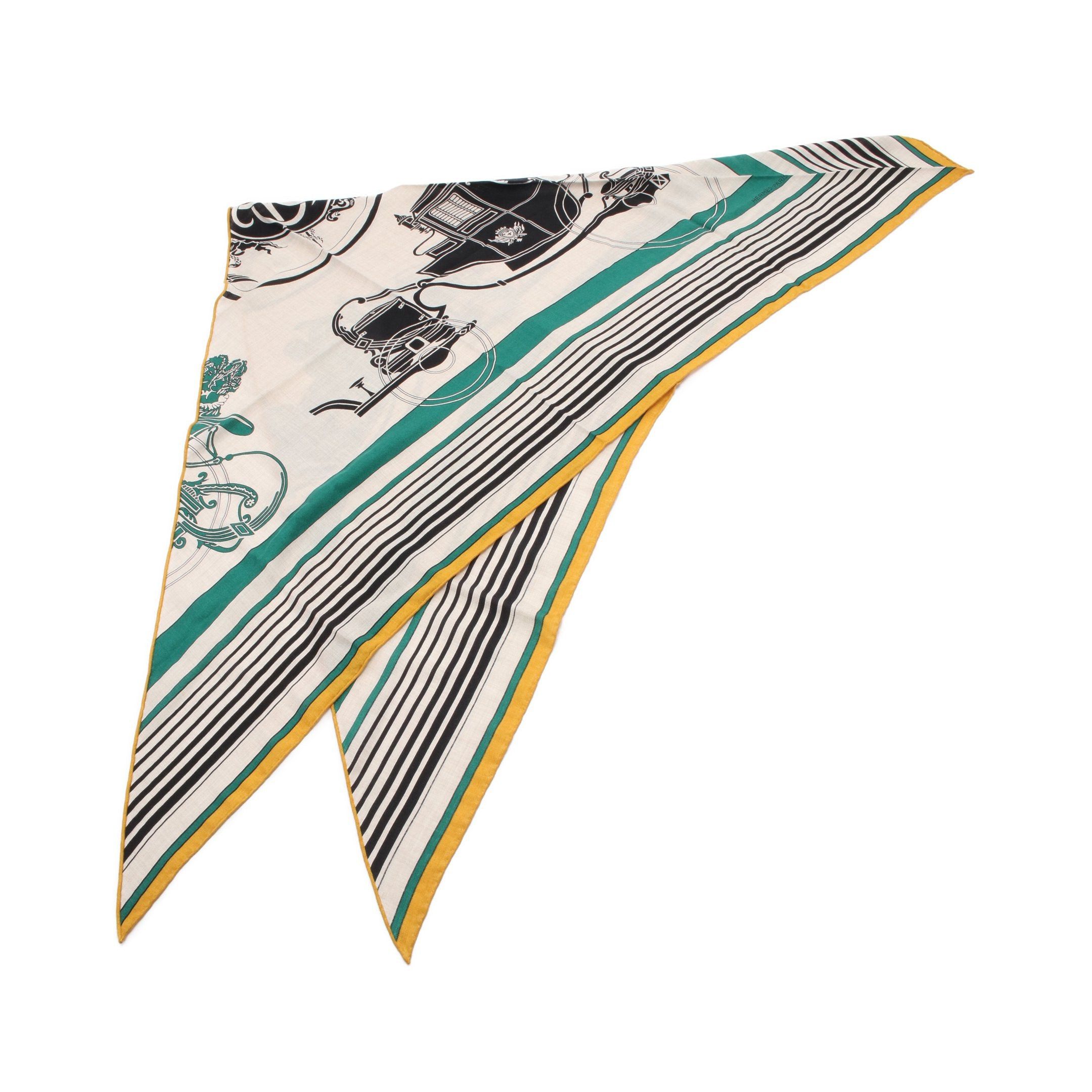 Hermes Hermes Triangle Geant Ex-Libris Scarf Stall Cashmere Silk Beige Green Multicolor Size ONE SIZE - 1 Thumbnail