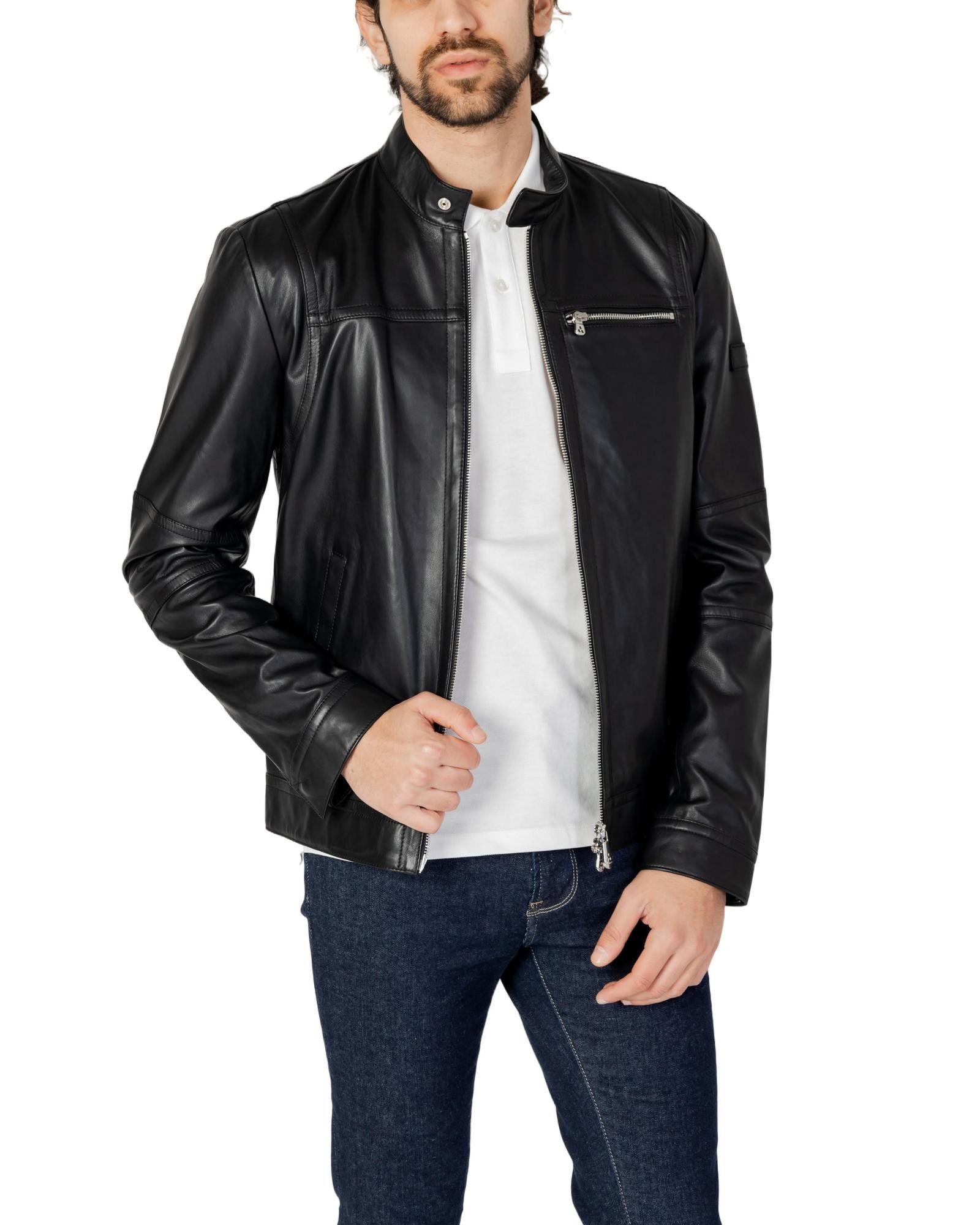 image of Peuterey Leather Zip-Front Jacket With Pockets in Black, Men's (Size Small)