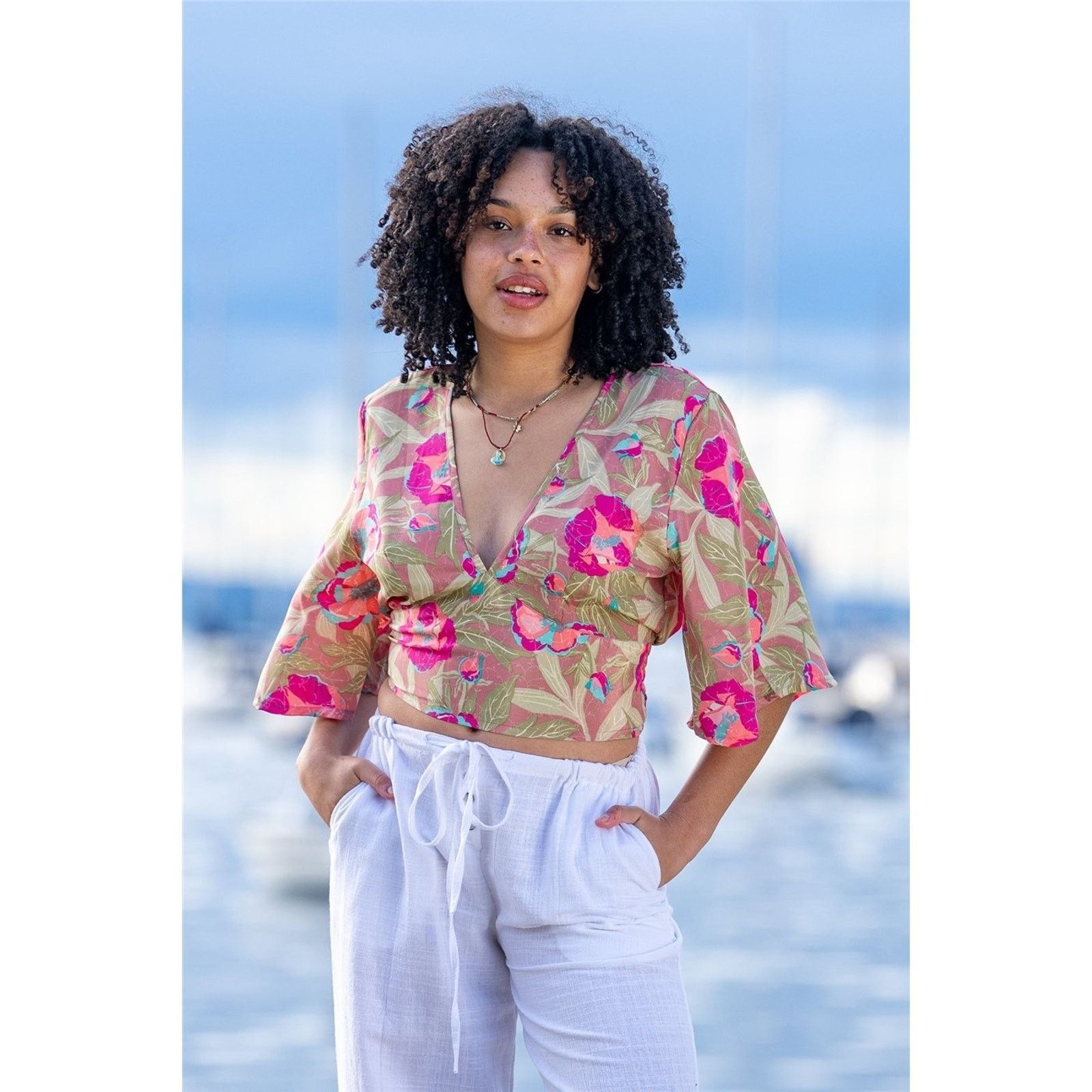 Cienna Silk Blend Floral Bloss Flounce Sleeve Blouse Top