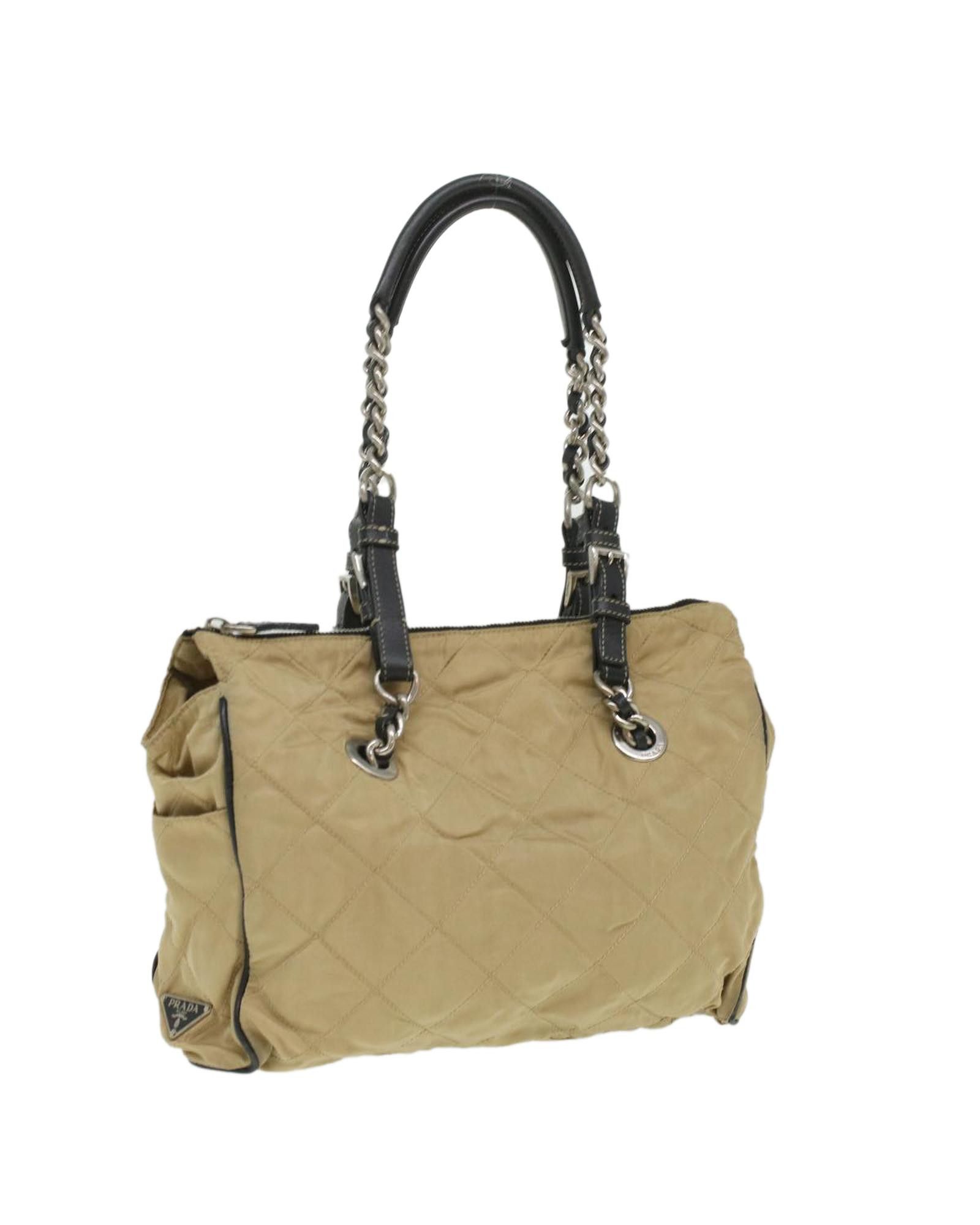 image of Prada Quilted Chain Shoulder Bag Nylon Beige, Women's