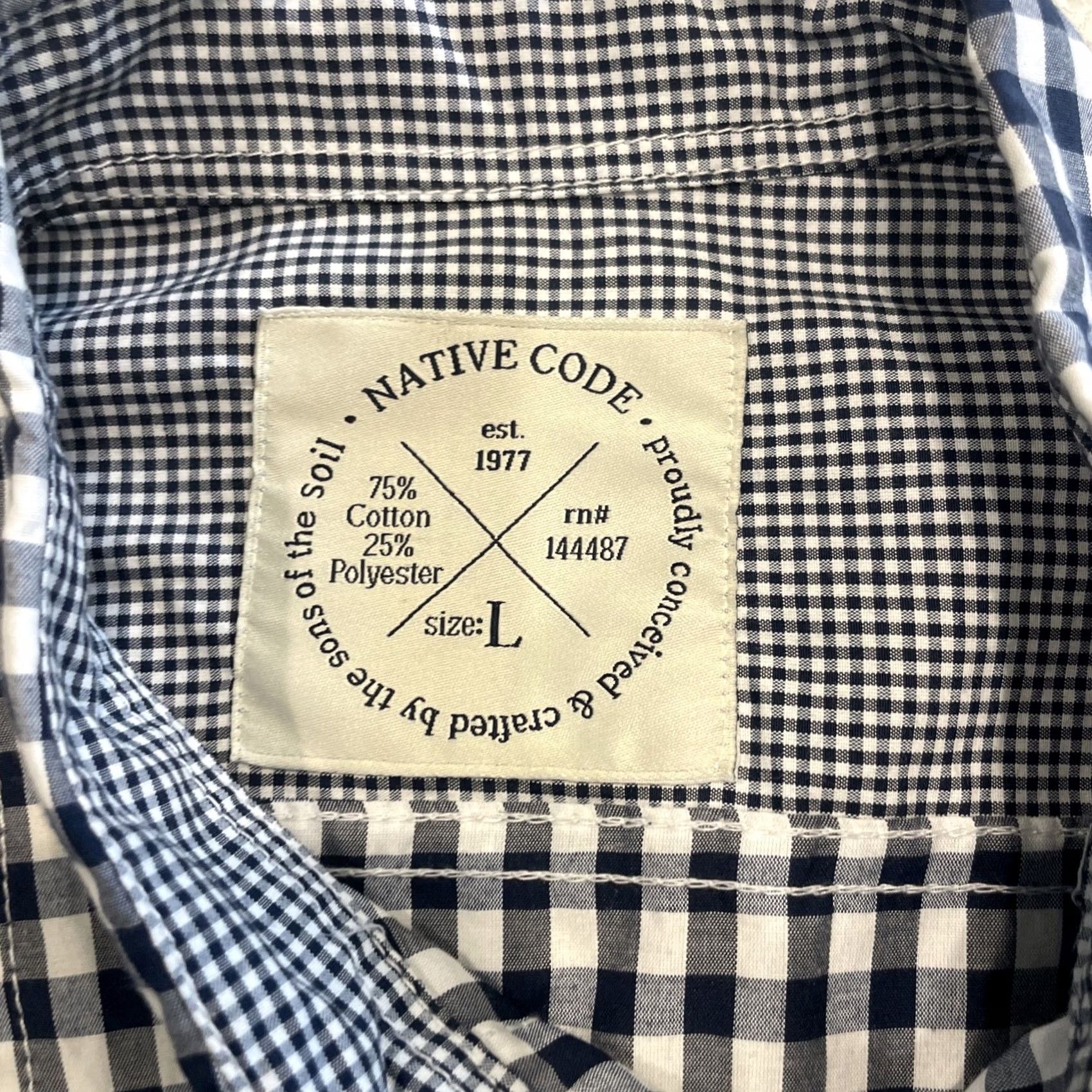 Native Native Code Mens Dress Shirt Navy White Plaid Long Sleeve Button Up Large Size 42R - 2 Thumbnail
