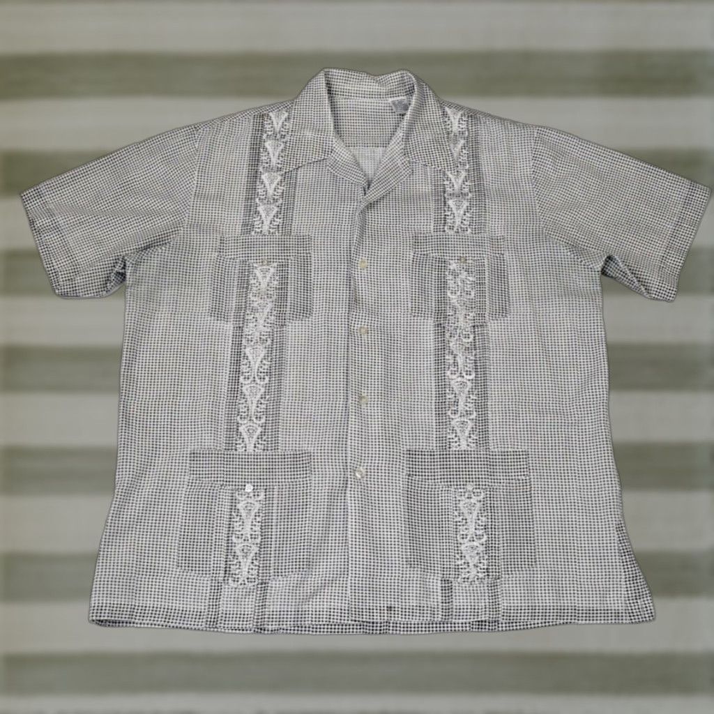 VINTAGE Guayabera Shirt L Black White Gingham 4 Pocket Vertical Pleats 90s Mens
