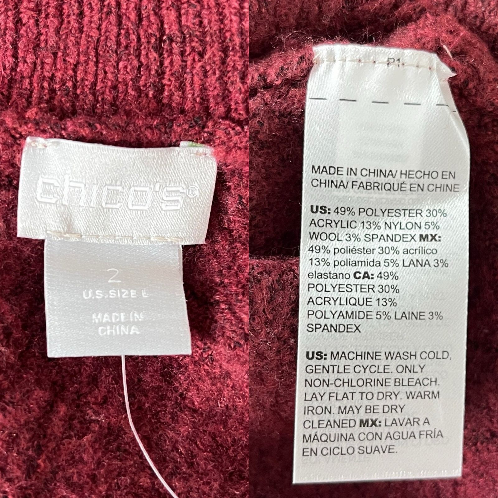 Chicos Chicos Herringbone Tunic Sweater V-Neck Cranberry 2 L New Size L / US 10 / IT 46 - 8 Thumbnail