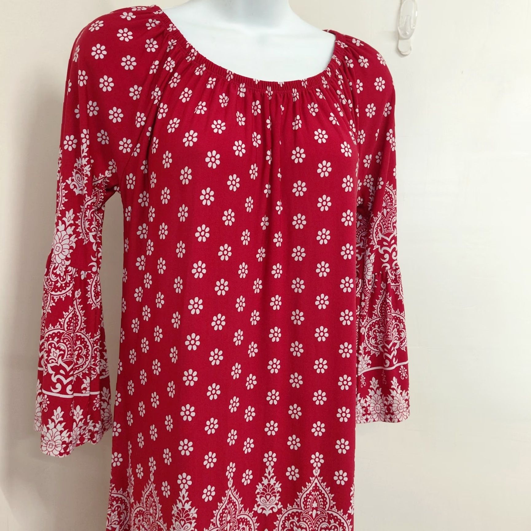 Bell R Rouge Dress Womens Medium Red/White Bohemian Printed Long Bell Sleeve Mini Dress Size M / US 6-8 / IT 42-44 - 2 Thumbnail