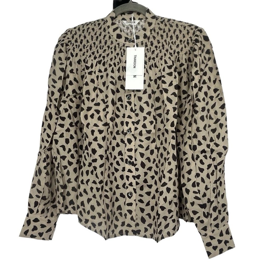 THAKOON THAKOON AL BEIGE COMBO PRINTED SMOCKED TOP WOMEN SIZE XS Size XS / US 0-2 / IT 36-38 - 2 Thumbnail