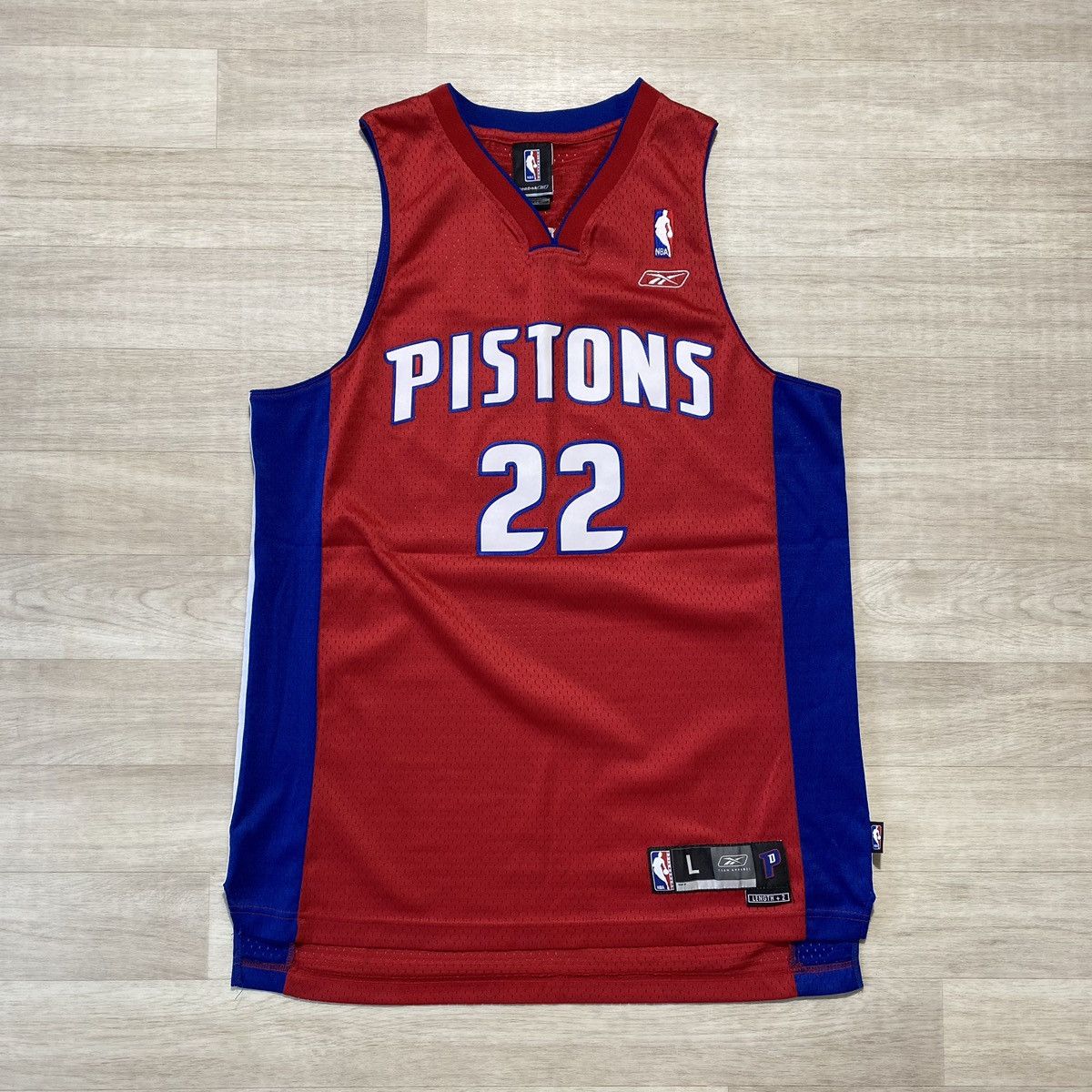 image of NBA x Reebok Tayshaun Prince Detroit Pistons Reebok Basketball Jersey in Red/Navy (Size Large)