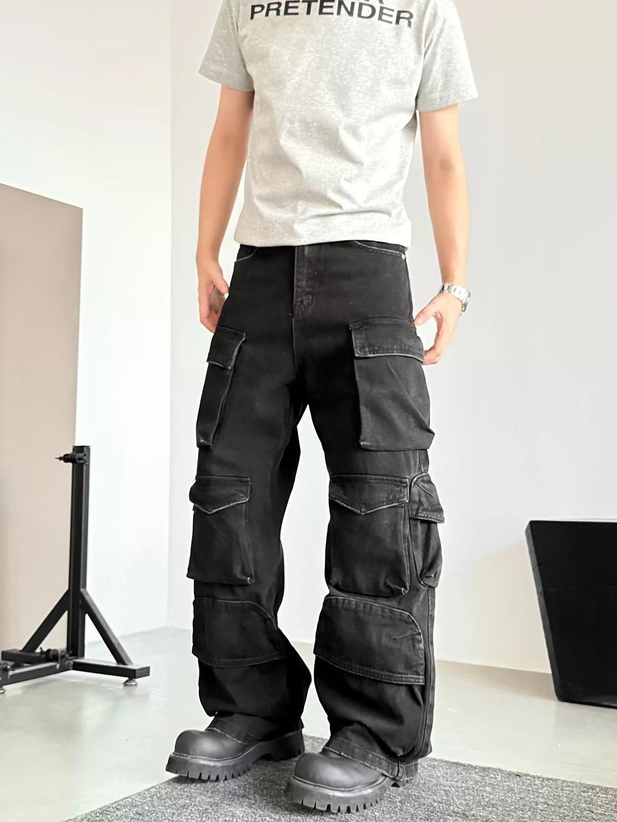 Other Black Cargo Wide Leg Baggy Jeans Size US 32 / EU 48 - 3 Thumbnail