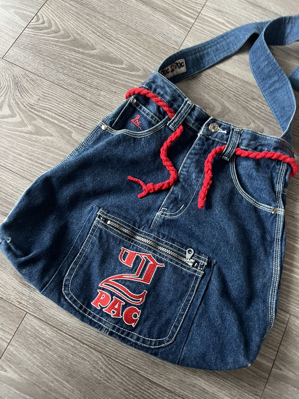 Affliction × Handmade ‼️Vintage Handmade Avant Garde 2Pac Denim Big Logo Sling Bag‼️ Size ONE SIZE - 11 Thumbnail