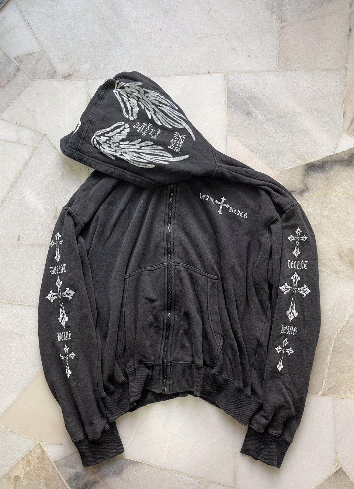 Beauty Beast 2000s Y2K Third Row Heavy Black Cross Faded Hoodie A4 Size US L / EU 52-54 / 3 - 2 Thumbnail