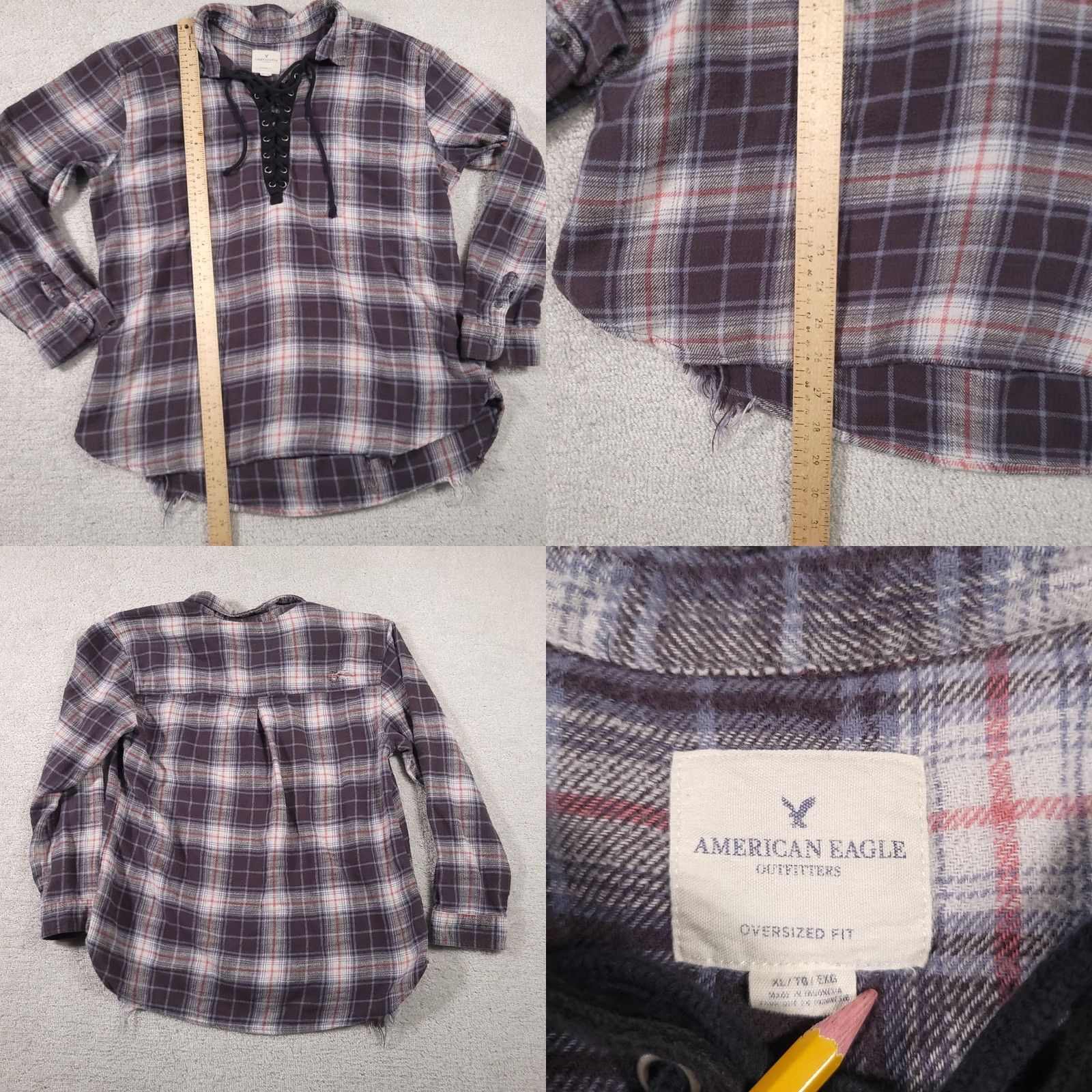 American Eagle Outfitters VINTAGE American Eagle Flannel Shirt Women’s XL Oversized Fit Distressed Lace Up Gray Size XL / US 12-14 / IT 48-50 - 8 Thumbnail