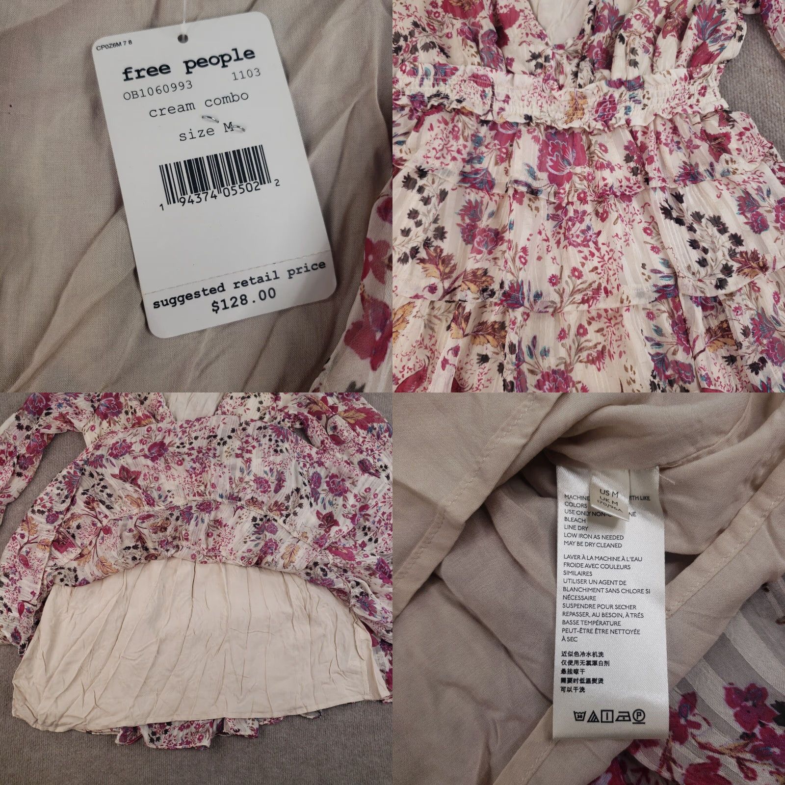 Free People Free People Cream Combo Dress Womens Medium Pink Smocked Waist Sheer Sleeve Size M / US 6-8 / IT 42-44 - 8 Thumbnail