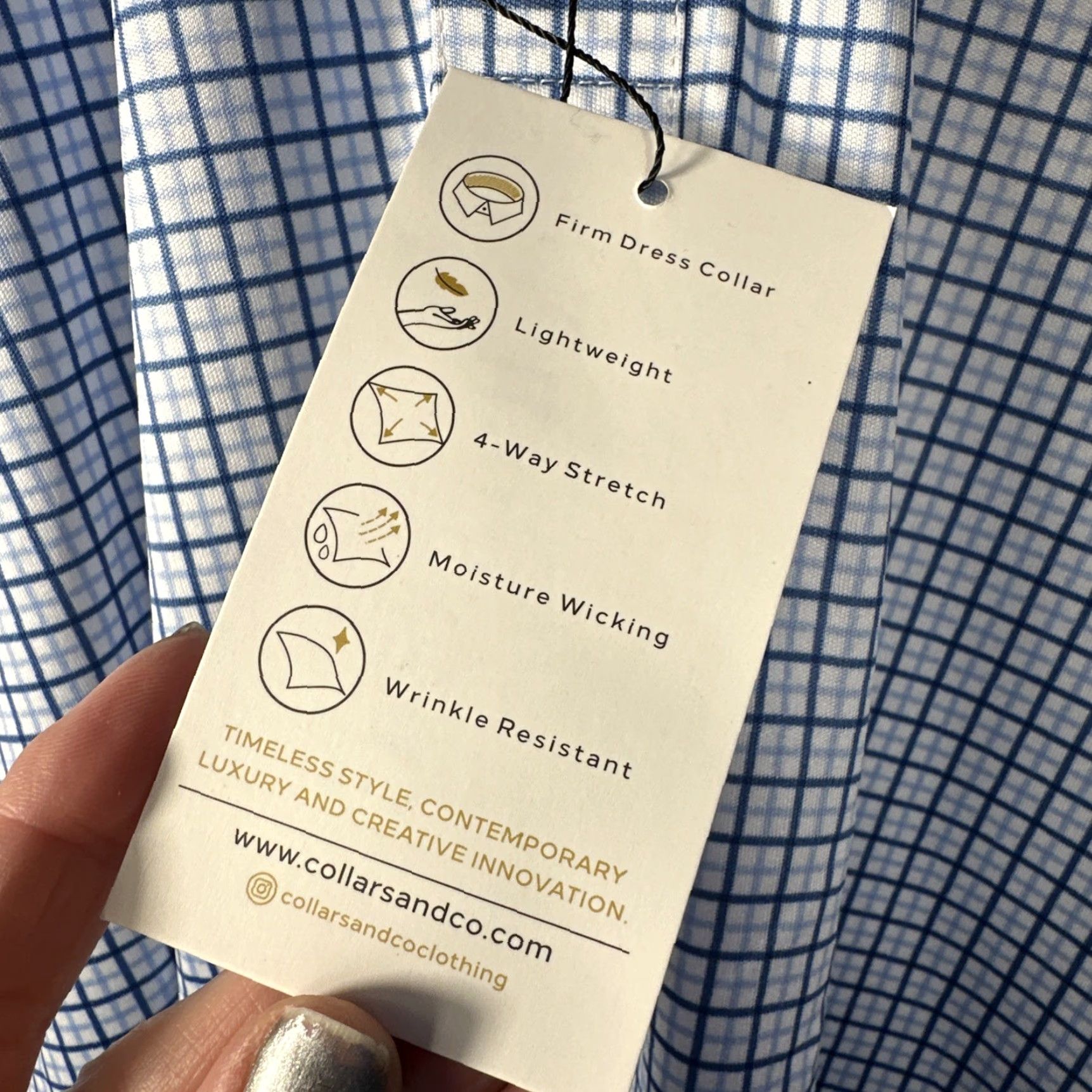 CO Collars & Co Polo Dress XL Tall Blue Tattersall Spread Collar Polo Shirt Men Mens 4-Season Stretch Lightweight Golf Casual Business Travel Dress Shirt Size US XL / EU 56 / 4 - 3 Thumbnail