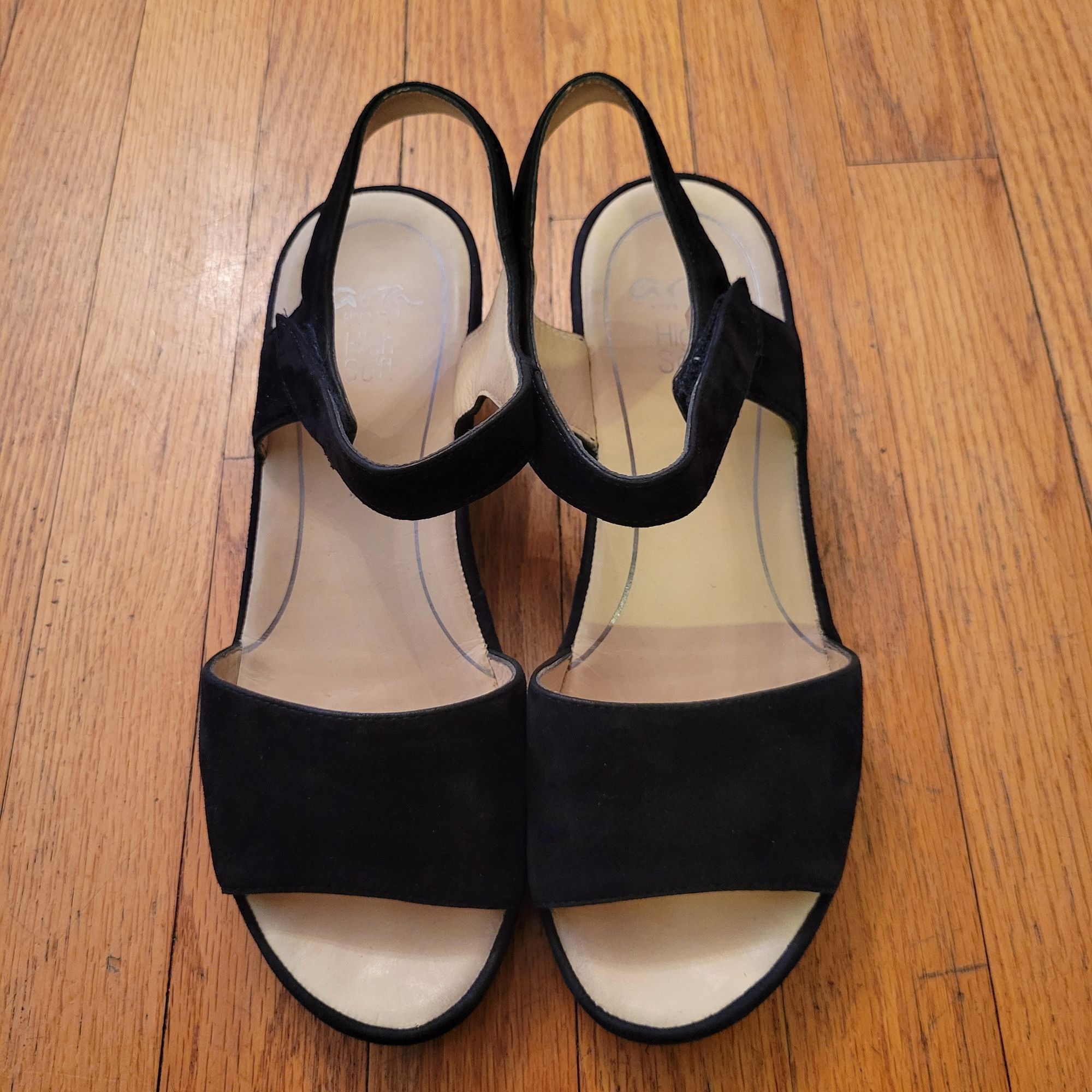 ARA Germany 39 Black Suede Leather Sandals Wedge Platform Op