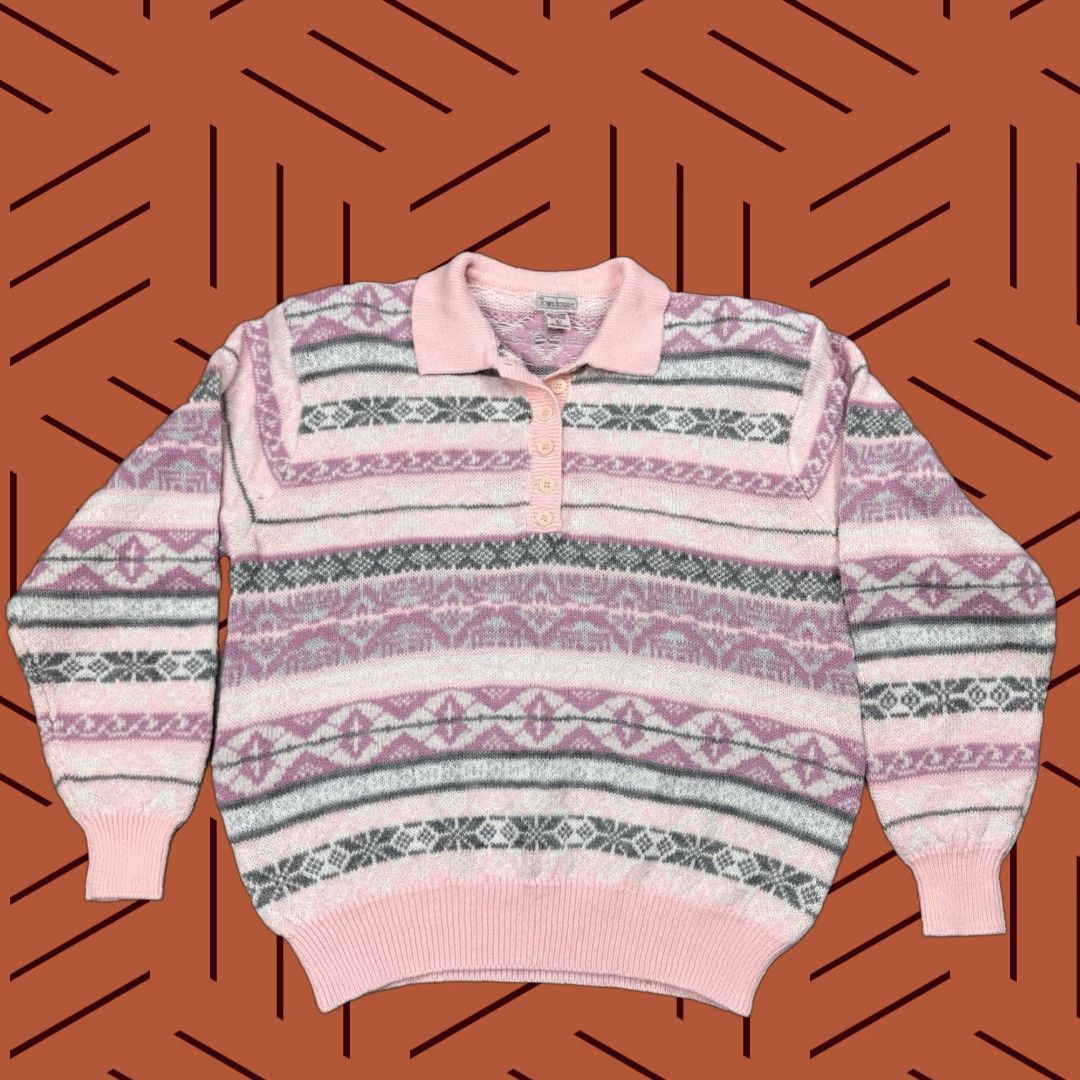 Pinko VINTAGE Townhouse 80s Women's Collared Preppy Fair Isle Pink Knit Sweater L Acrylic Size L / US 10 / IT 46 - 1 Thumbnail