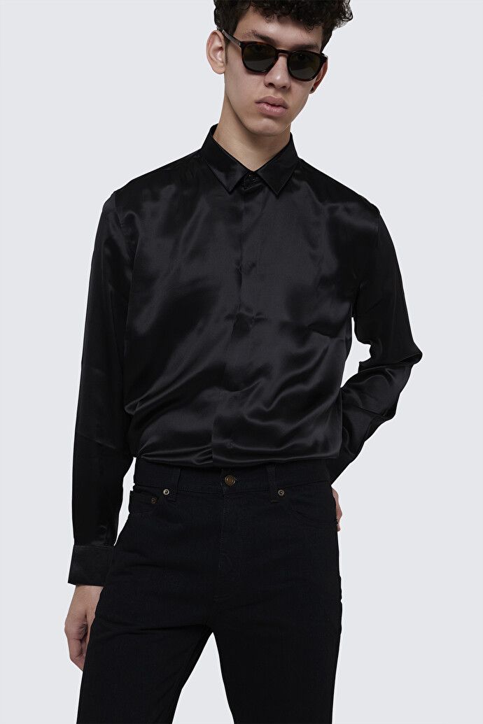 Saint Laurent Paris o1bcso1str0125 Collar Classic Shirt In Crepe Satin in Black Size US XL / EU 56 / 4 - 2 Thumbnail