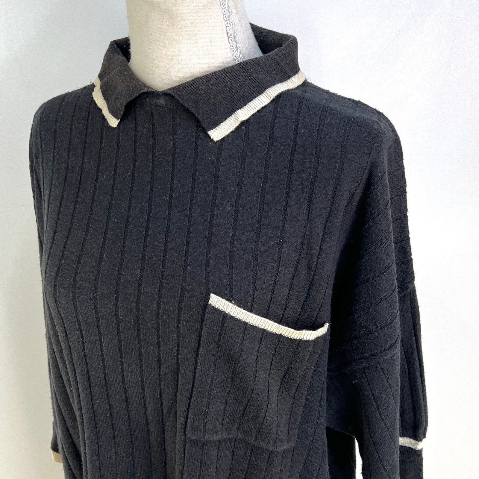 Vintage Vintage Knit Lucca Top Black Ribbed Pullover Polo Sweater Size L / US 10 / IT 46 - 2 Thumbnail