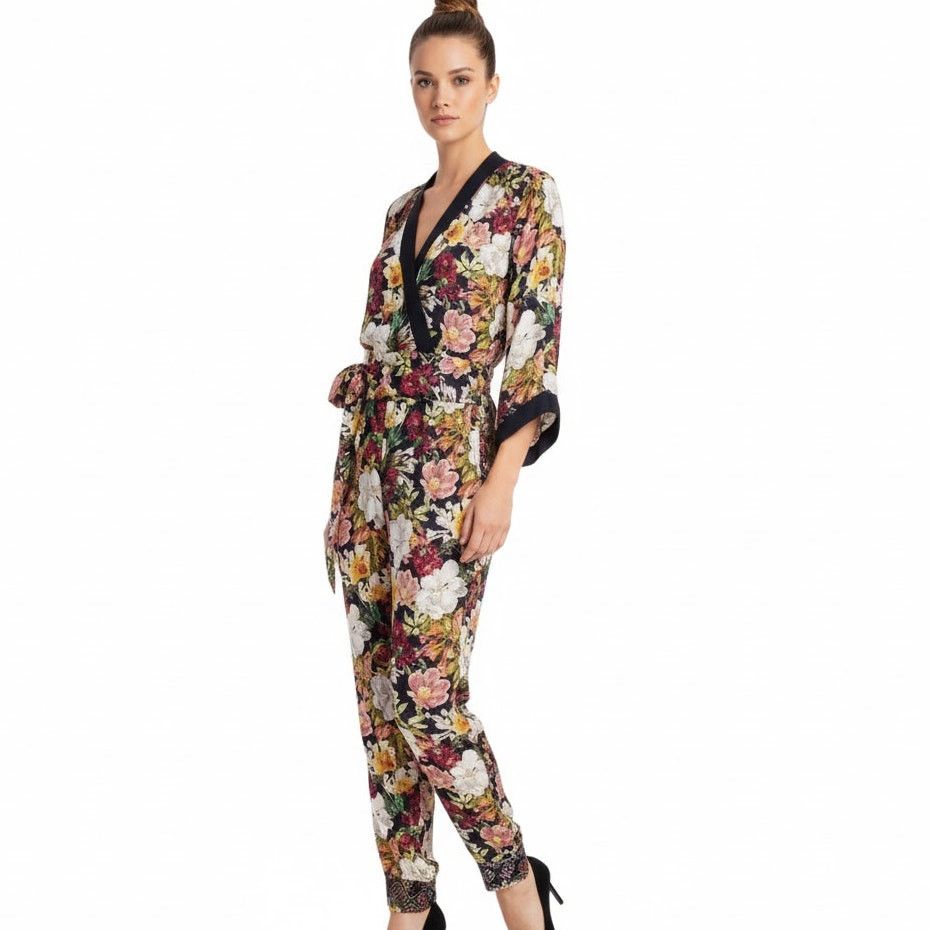 Alice + Olivia Alice + Olivia Walda Black Floral Satin Jumpsuit, US2 Size 26" / US 2 / IT 38 - 1 Thumbnail