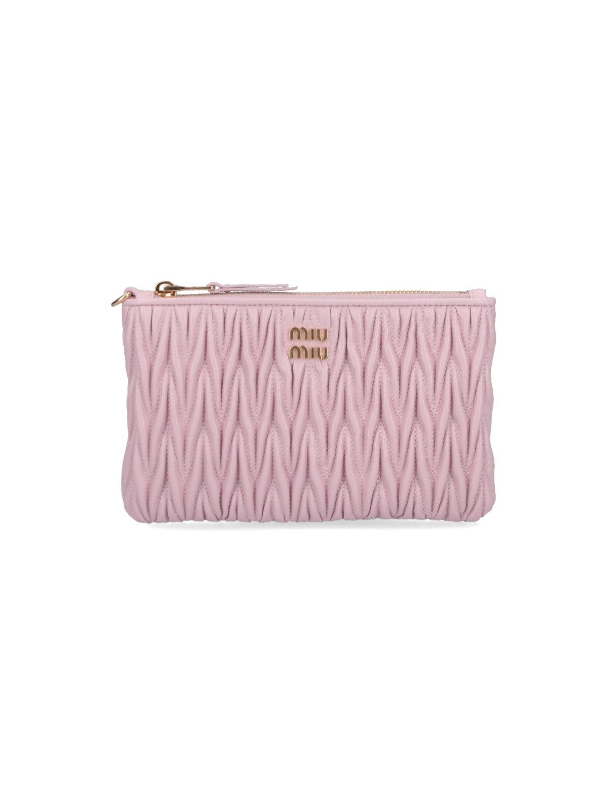 image of Miu Miu Miumiu Logo Matelassé Leather Pouch in Pink, Women's