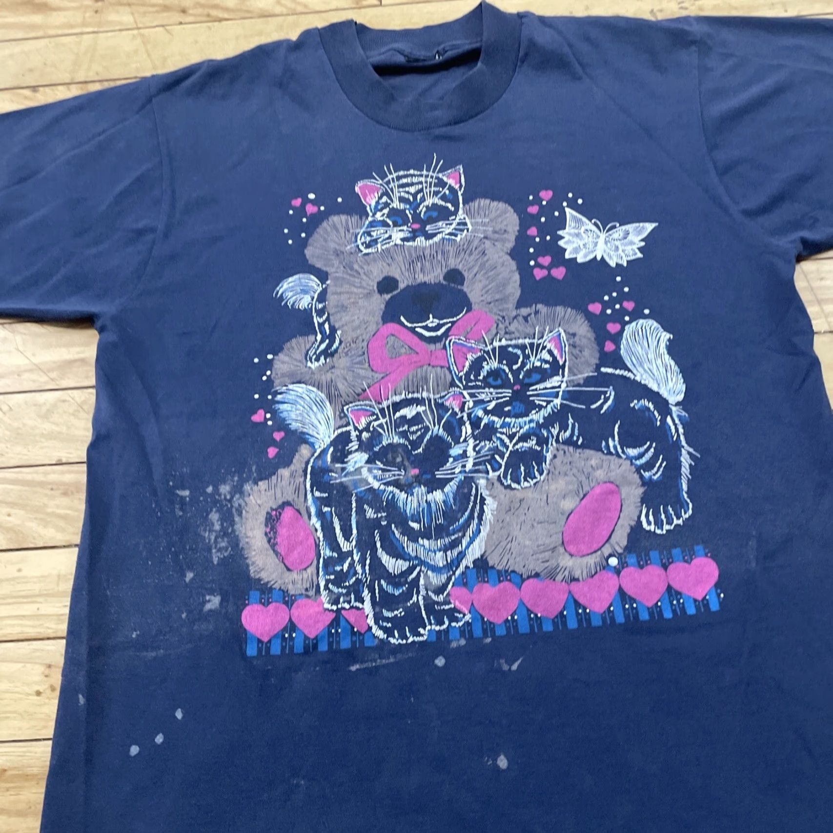 Vintage VINTAGE CATS Hearts Print Y2k Shirt Adult L Slim Blue Pink Grunge Paint Tee (L fits M) Size US L / EU 52-54 / 3 - 3 Thumbnail