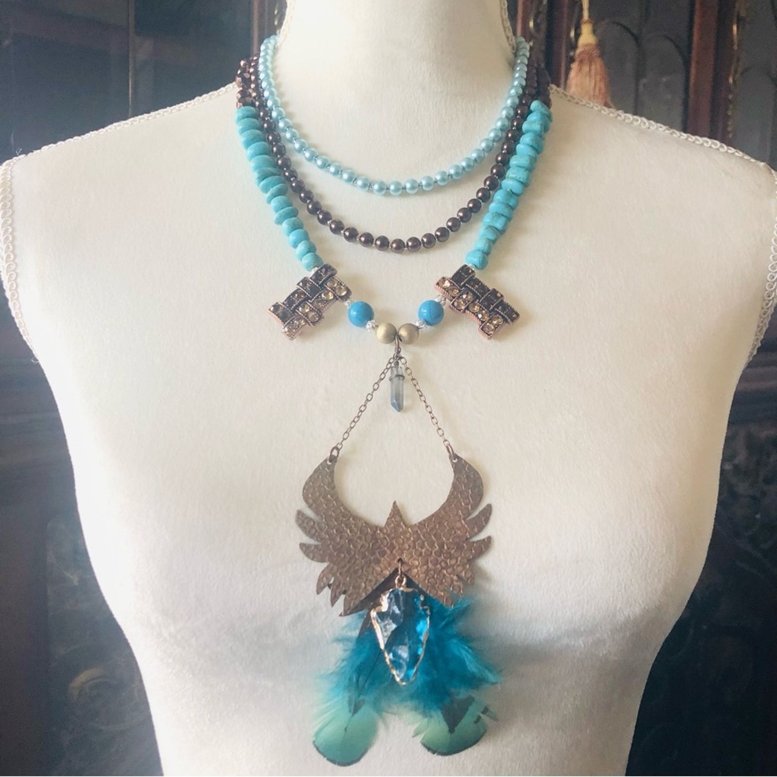 Handmade Handcrafted copper eagle Czech Pearl howlite necklace Size ONE SIZE - 2 Thumbnail