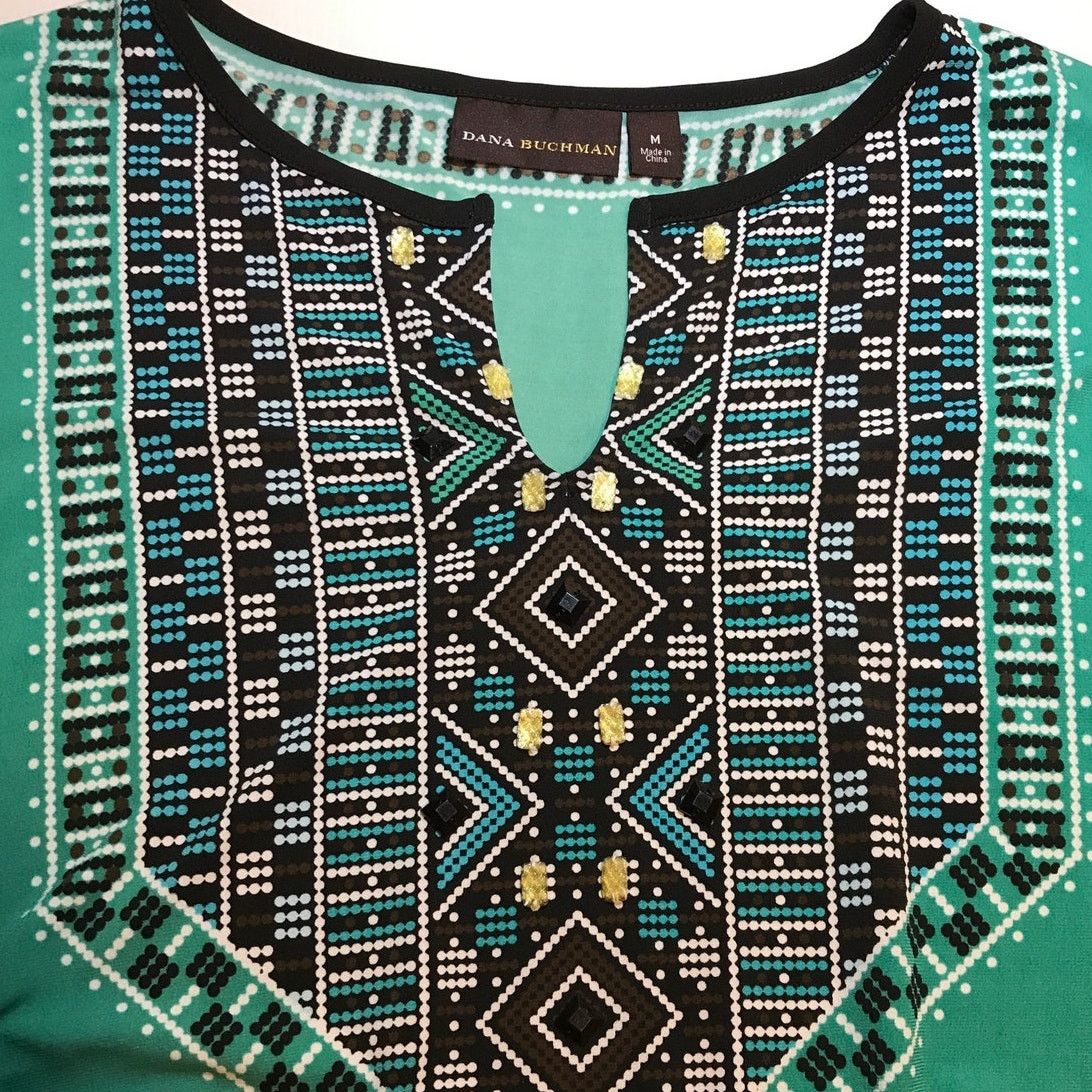 Other Dana Buchman Teal Geometric V-Neck Kaftan Tunic Blouse M Size M / US 6-8 / IT 42-44 - 4 Thumbnail