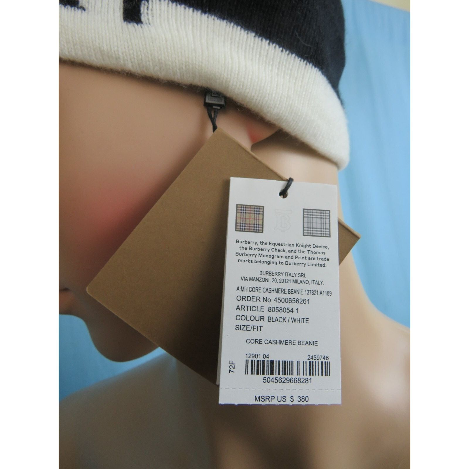 Burberry NEW BURBERRY CORE BLACK WHITE CASHMERE LOGO HAT ONE SIZE Size ONE SIZE - 7 Thumbnail