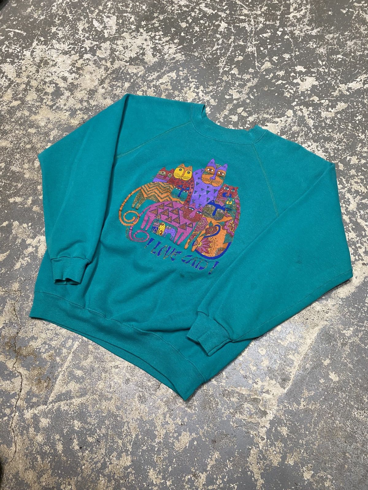 Vintage Vintage I Love Cats Cat Teal Pullover Crewneck SweatshirtUSA Size US L / EU 52-54 / 3 - 2 Thumbnail