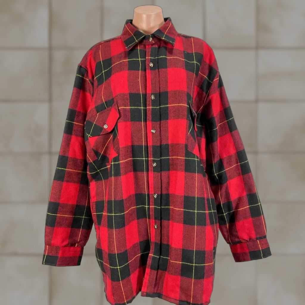 VINTAGE Allen Wickfield Wool Flannel Shirt Jacket Button Up Quilt Lined XLT Red 80s Mens