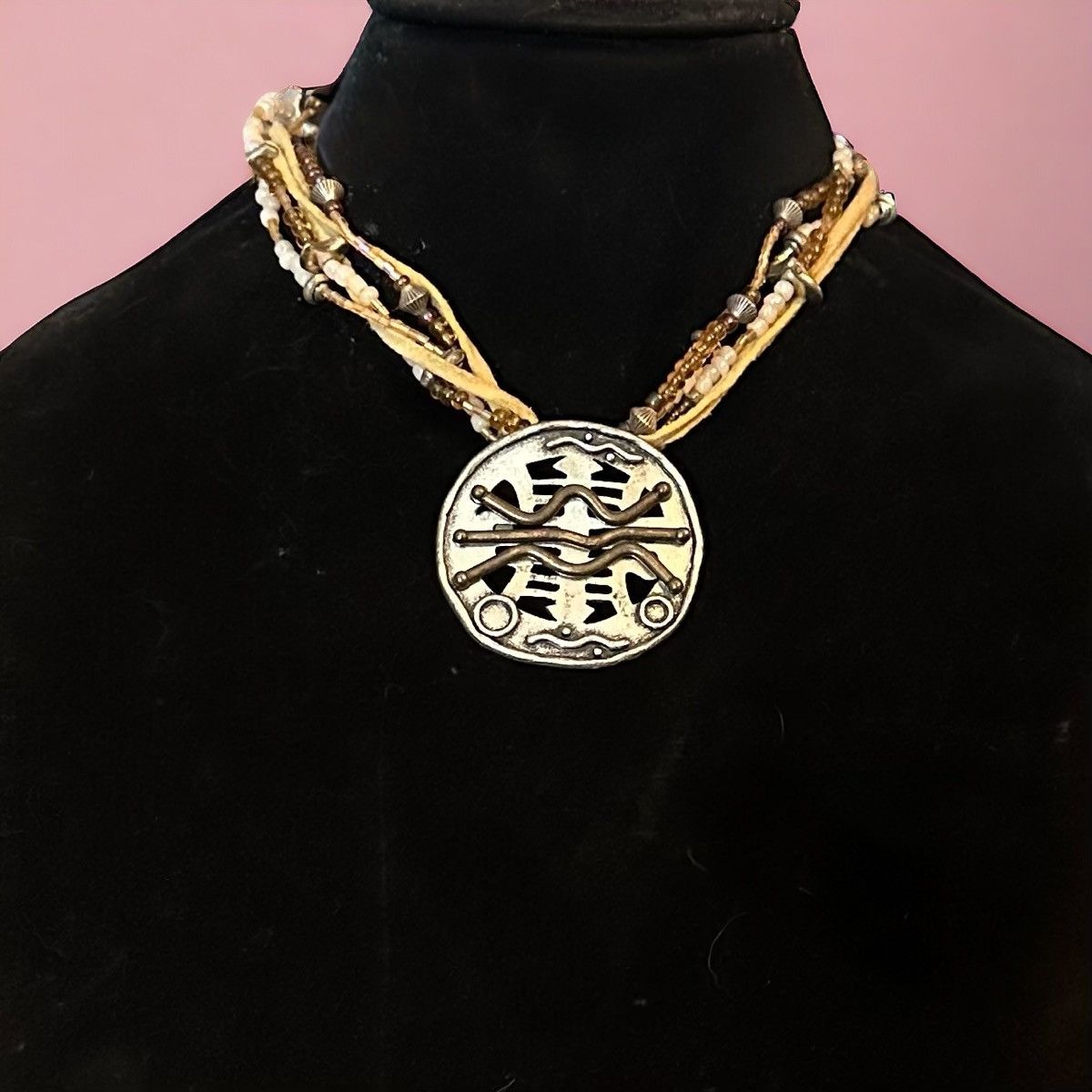 Other Multi strand leather and bead artisan disc pendant necklace Size ONE SIZE - 1 Thumbnail