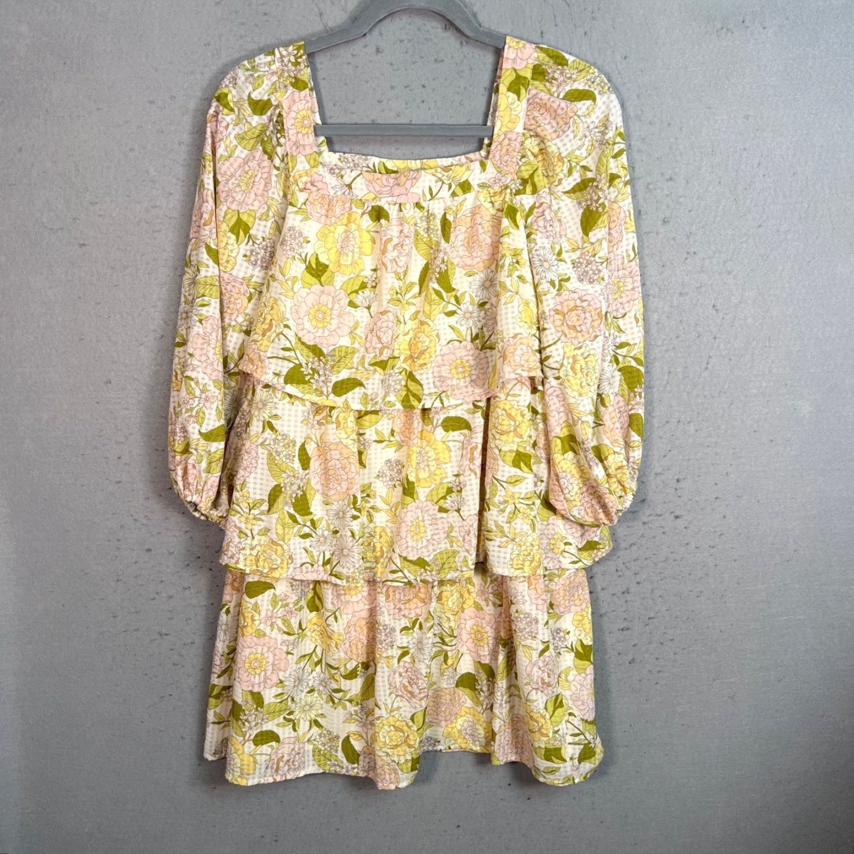 Pinko WHO WHAT WEAR Dress Womens XS Floral Long Sleeve Square Neck Pullover Pink Green Pastel Maxi Short Vintage Size XS / US 0-2 / IT 36-38 - 2 Thumbnail