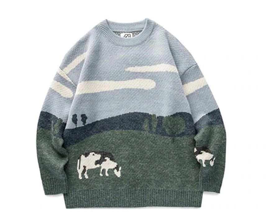 image of Coloured Cable Knit Sweater Vintage Cow Sweater, Men's (Size Medium)